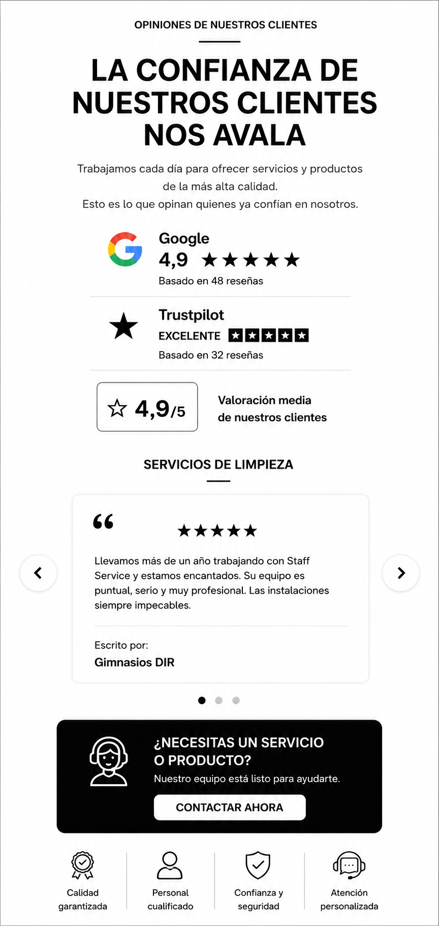 Opiniones de clientes sobre un servicio de limpieza, con calificaciones en Google y Trustpilot, reseñas positivas, y una sección para solicitar servicios.