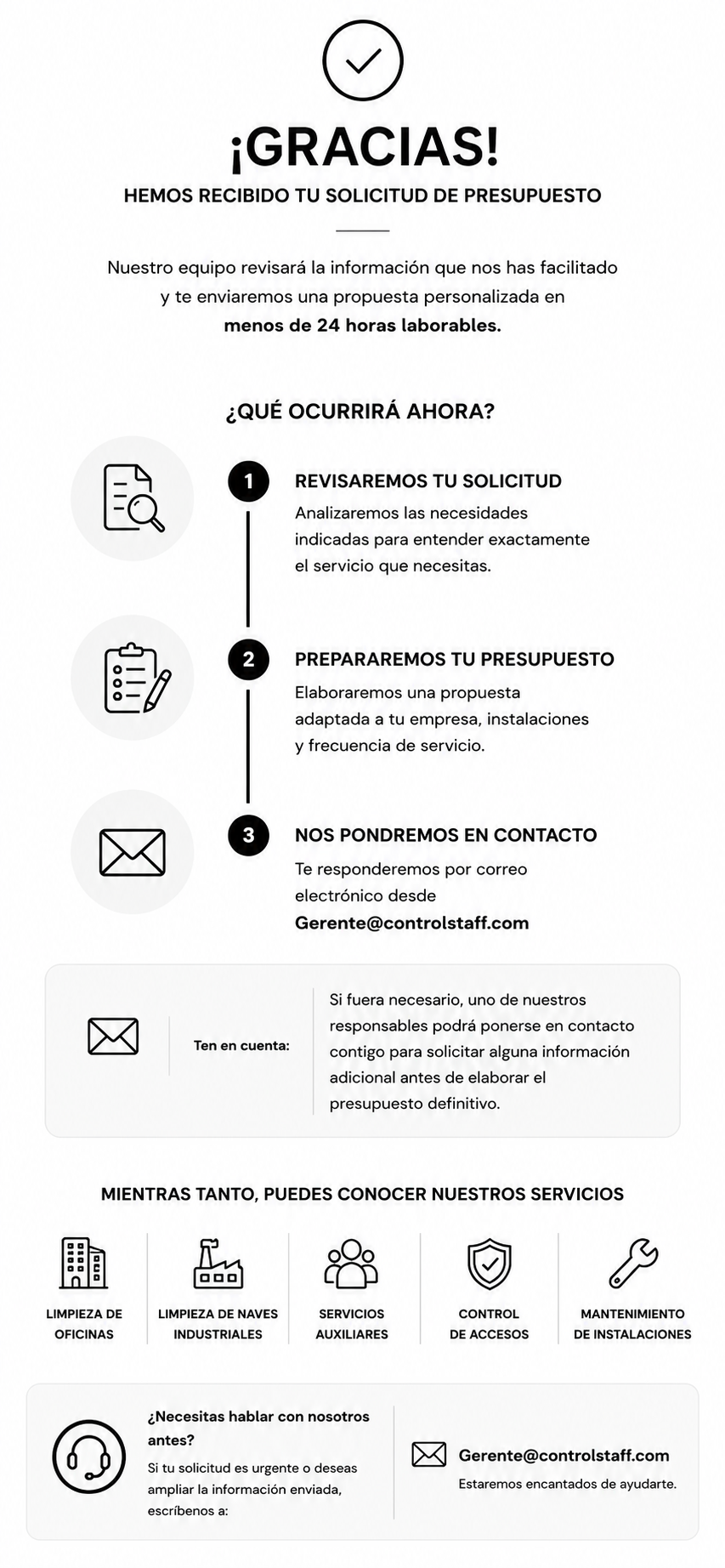 Una página de agradecimiento por recibir una solicitud de presupuesto con detalles de los próximos pasos y opciones de contacto, incluyendo iconos de documentos, lista, correo, oficina, industria, servicios, protección y mantenimiento.