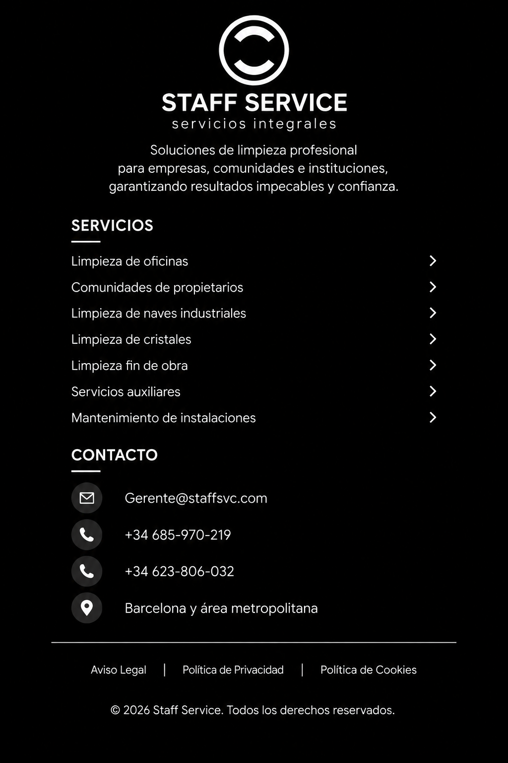 Pantalla de servicio de limpieza profesional con información de contacto y lista de servicios ofrecidos, en español, con fondo negro y texto en blanco.