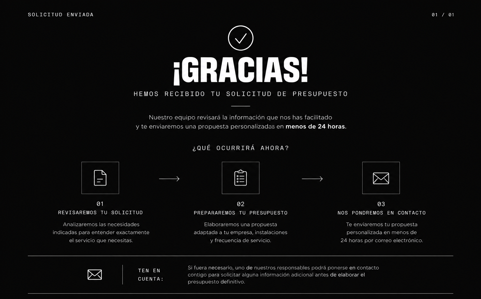 Pantalla negra con texto en blanco, agradecimiento por recibir una solicitud de presupuesto, detalles del proceso y pasos a seguir, incluyendo revisión, preparación y contacto por correo electrónico.