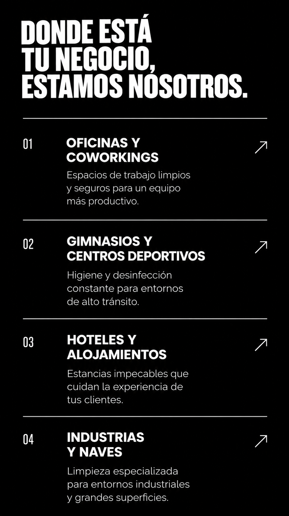 Texto en inglés que dice: Donde está tu negocio, estamos nosotros. Listado de servicios: 01 oficinas y coworkings, 02 gimnasios y centros deportivos, 03 hoteles y alojamientos, 04 industrias y naves, con breves descripciones de cada uno.