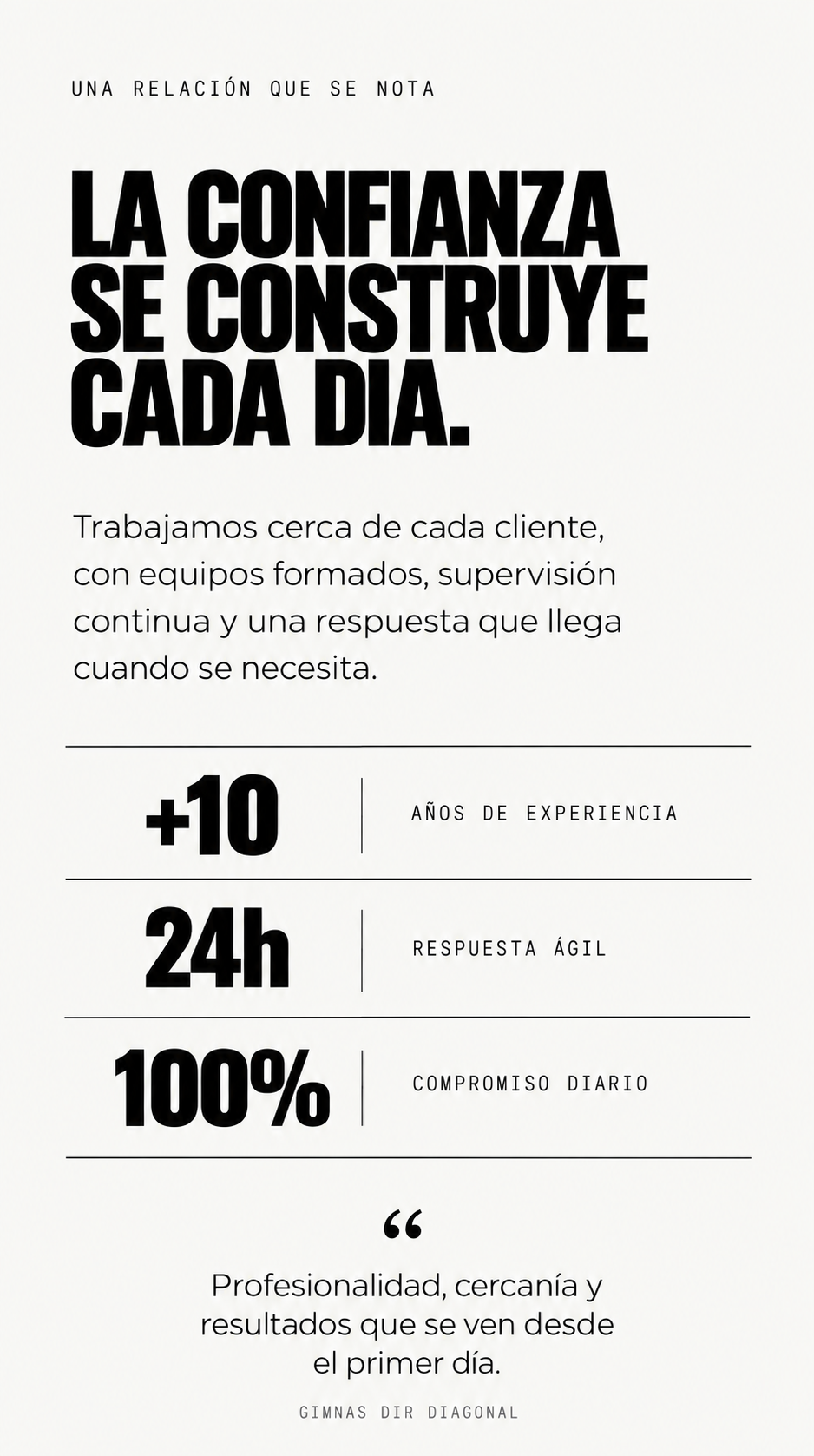 Una imagen que muestra un cartel con texto en español promocionando una empresa o servicio. El cartel destaca valores como confianza, experiencia, respuesta rápida y compromiso diario, y menciona la profesionalidad, cercanía y resultados desde el primer día.