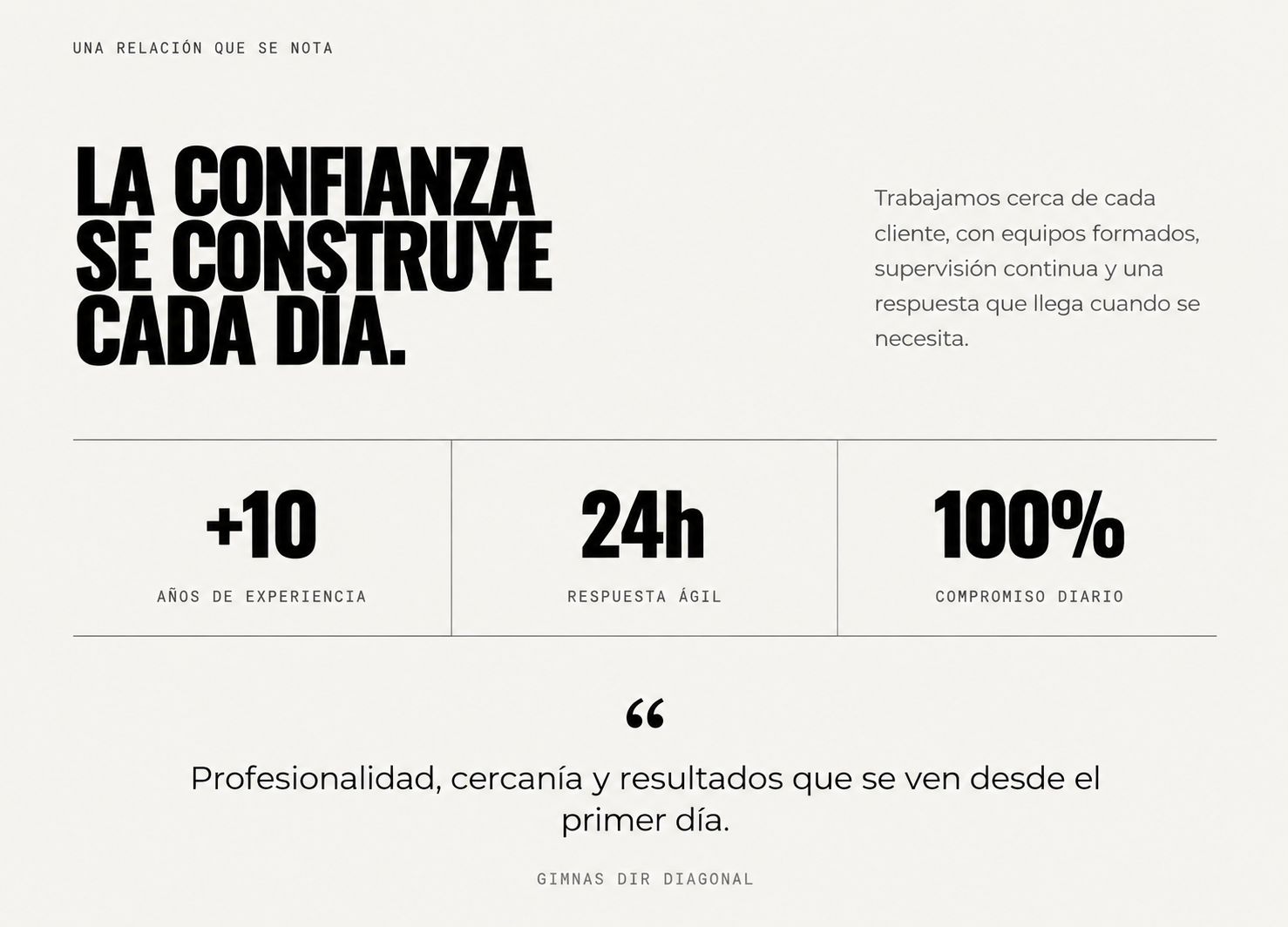 Texto en la imagen que dice: La confianza se construye cada día, con estadísticas de experiencia, respuesta ágil, compromiso diario, y texto adicional que habla de igualdad, experiencia y profesionalismo.