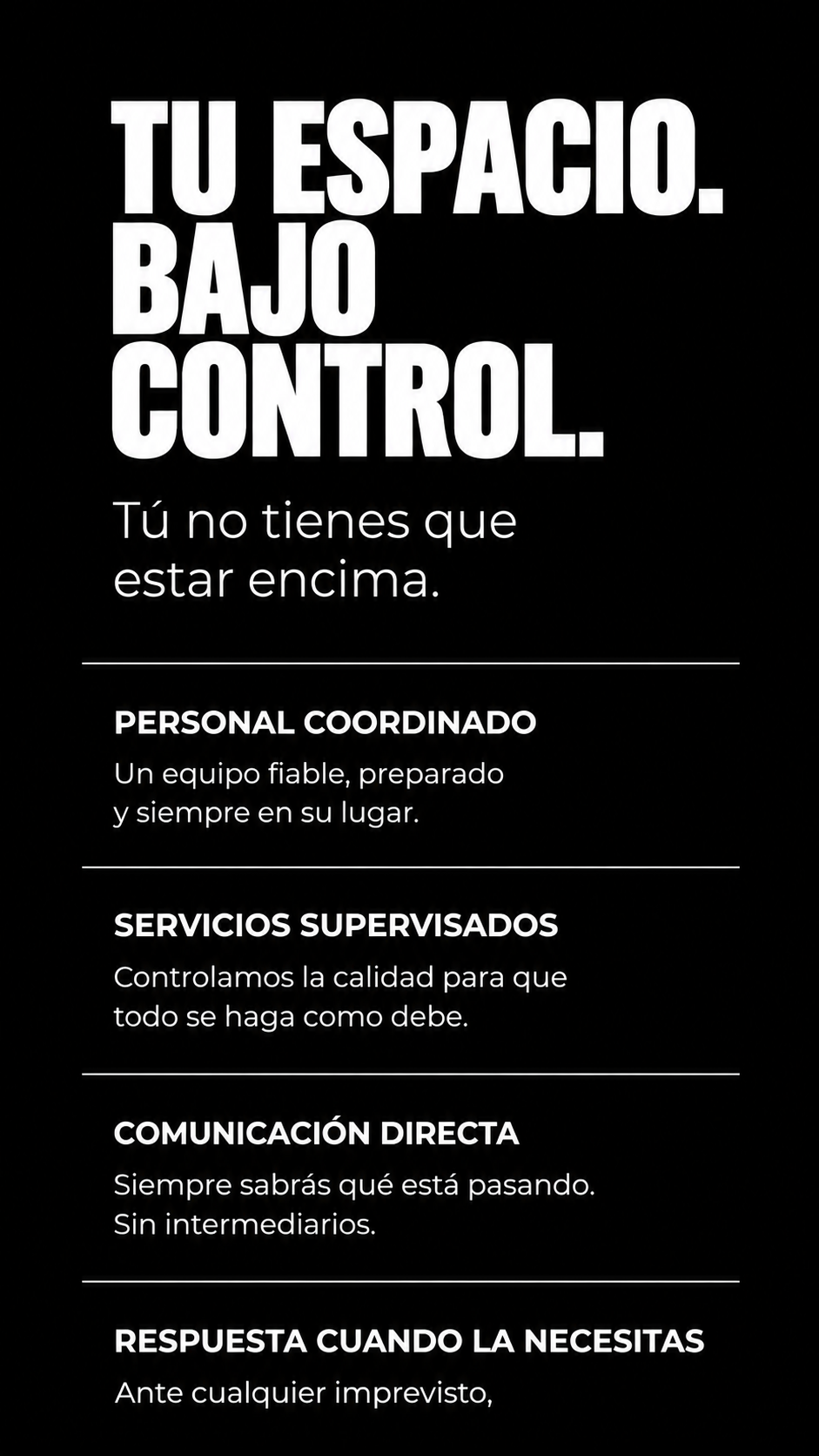 Cartel informativo en fondo negro con texto en blanco que promueve la gestión y calidad en servicios, incluyendo coordinación de personal, supervisión, comunicación directa y respuestas rápidas.