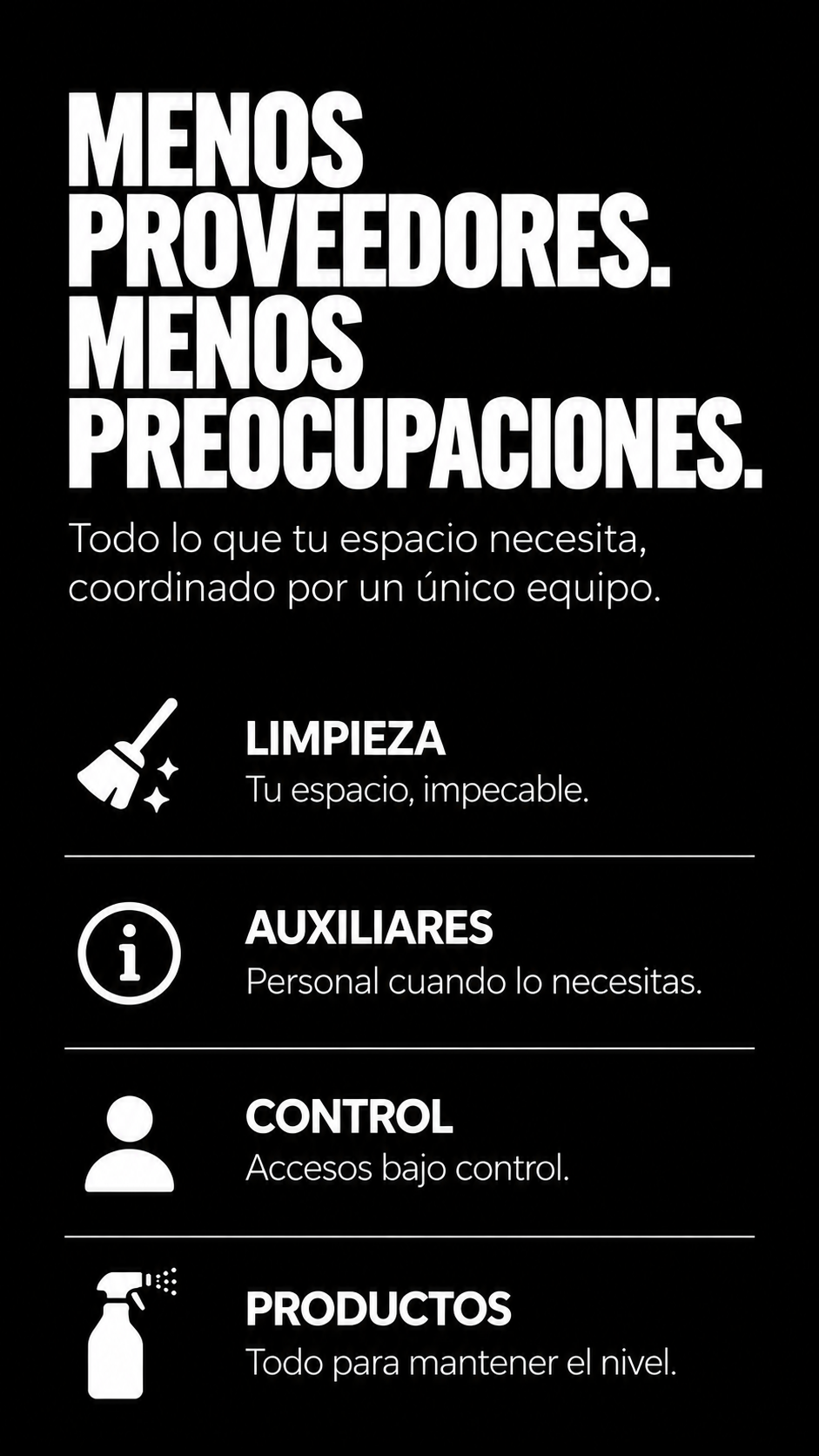 Cartel en español con instrucciones para mantener un espacio organizado y limpio, incluyendo secciones para limpieza, auxiliares, control y productos.