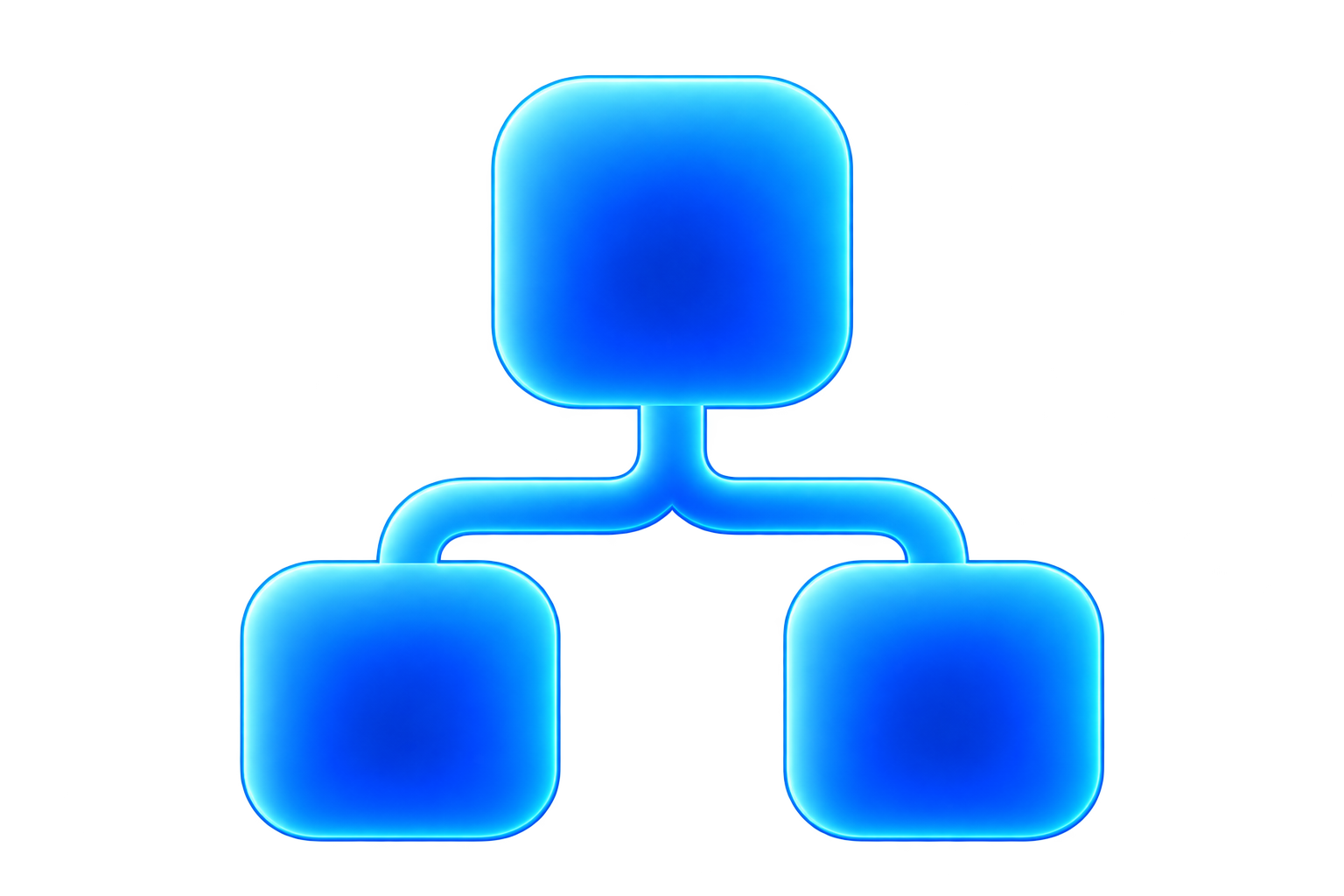 A digital illustration of a flowchart with three glowing blue rounded squares connected by lines, representing a simple process or hierarchy.