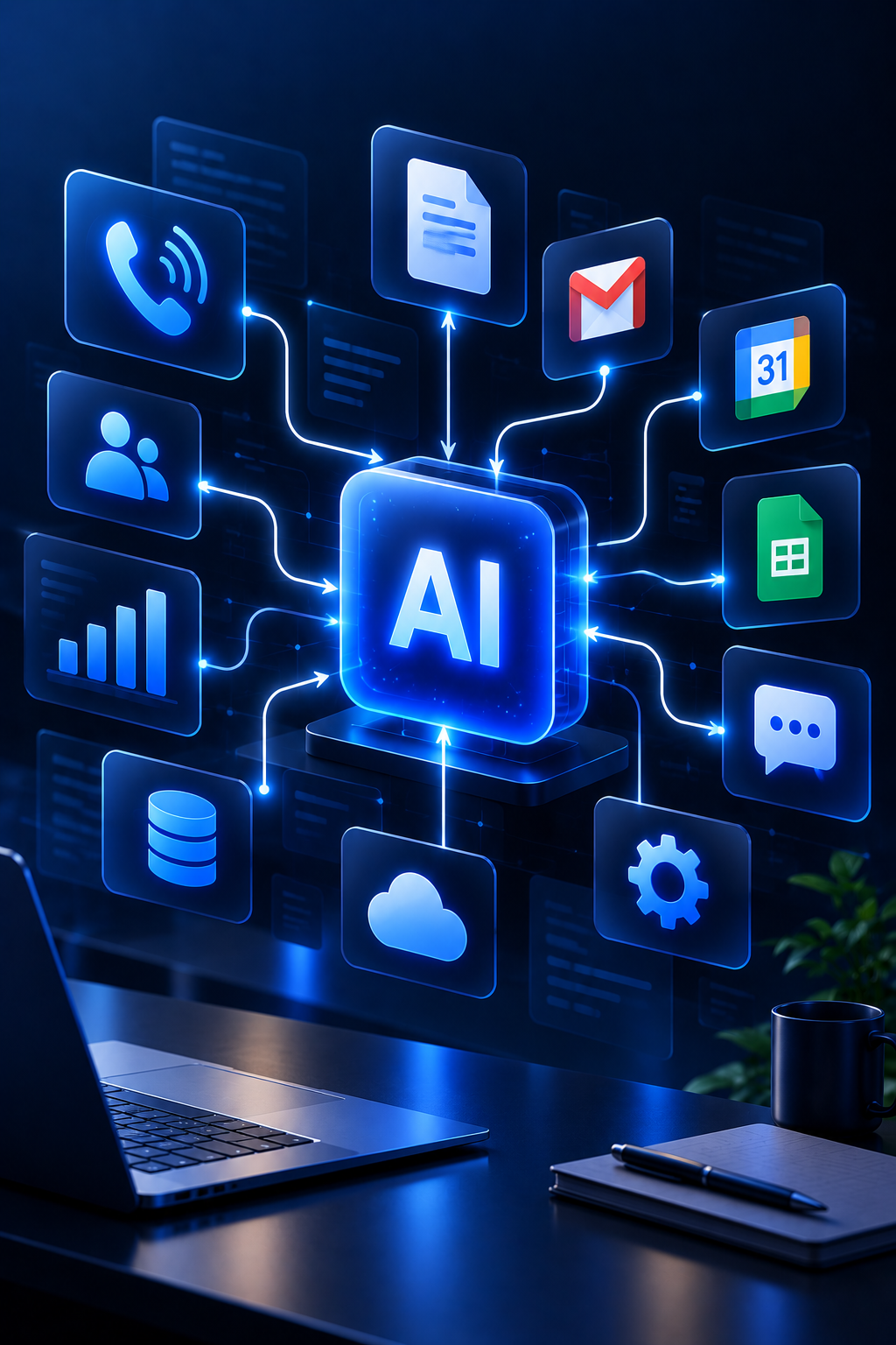 Digital illustration of AI technology connecting to various apps and services, including phone, email, documents, calendar, spreadsheets, chat, cloud storage, database, and settings, on a dark background.