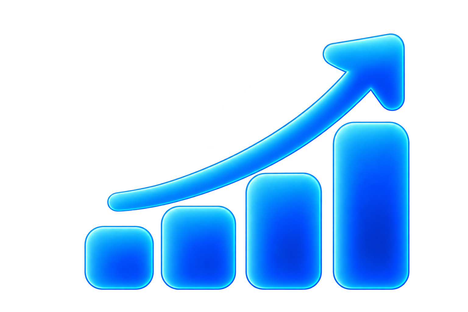 Blue neon upward trending arrow over a bar chart showing increasing growth.