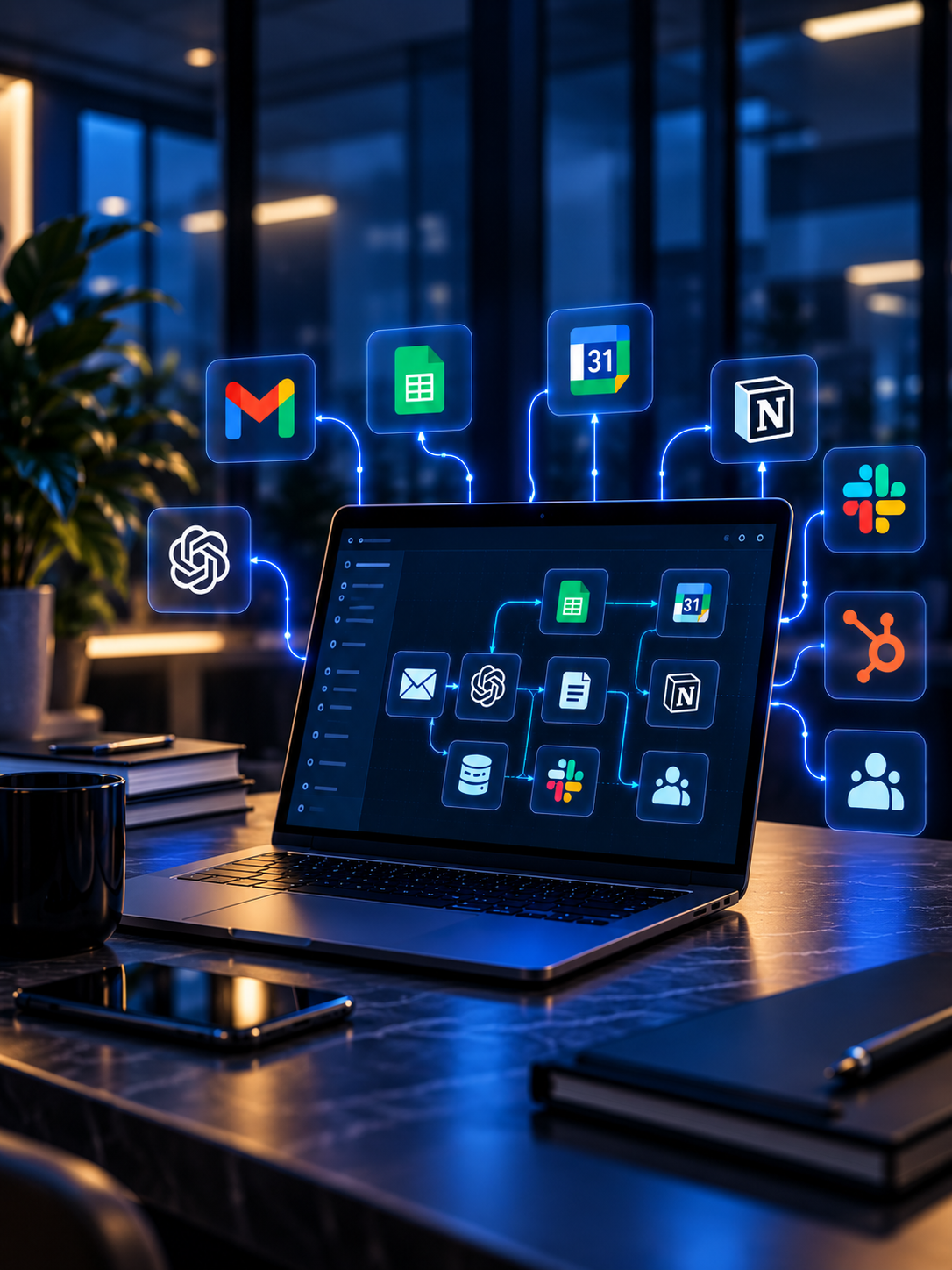 A laptop on a desk with digital icons of Google tools, Slack, Notion, and communication apps floating above, illustrating digital workflow and app integration.