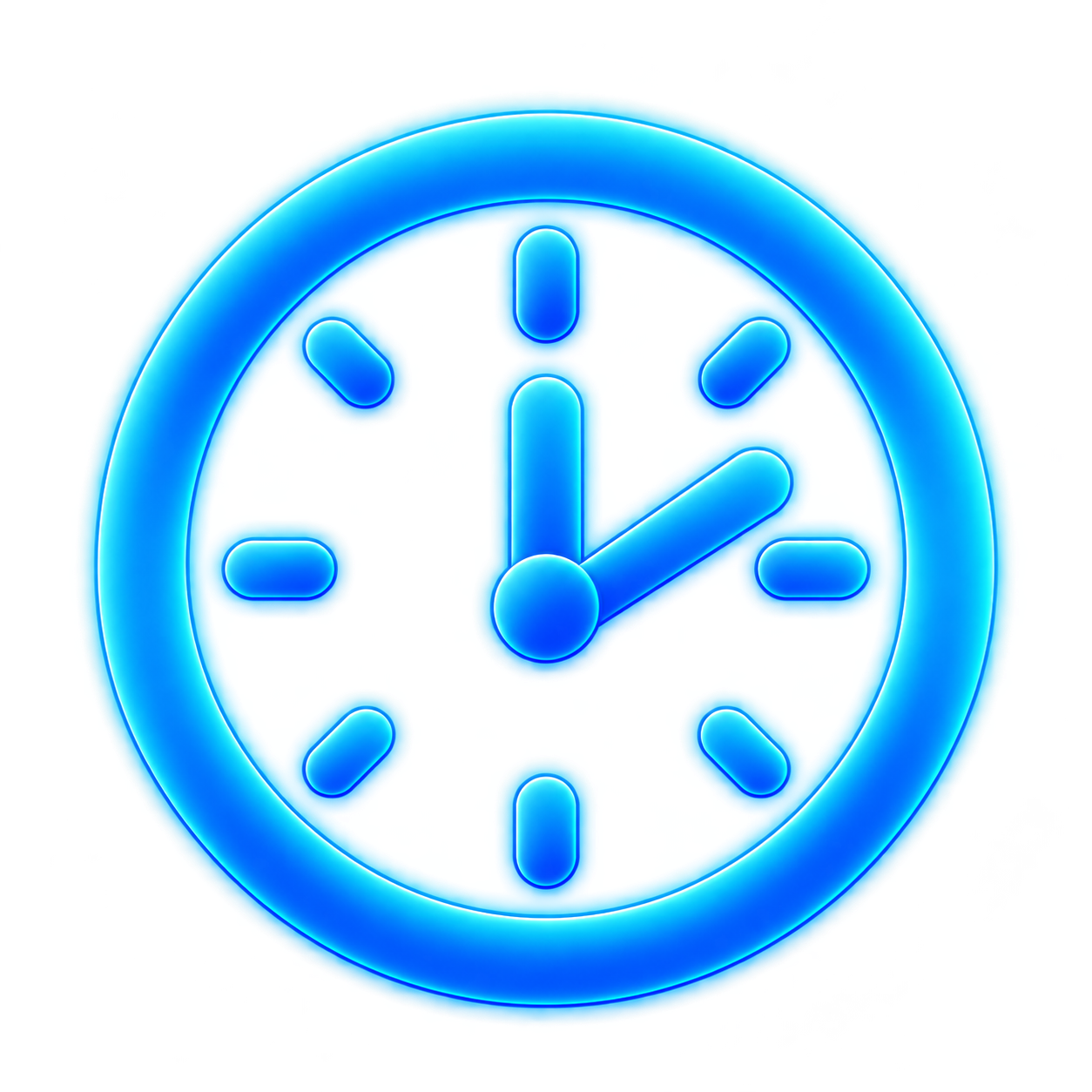A neon blue clock which represents time saved by using the automations