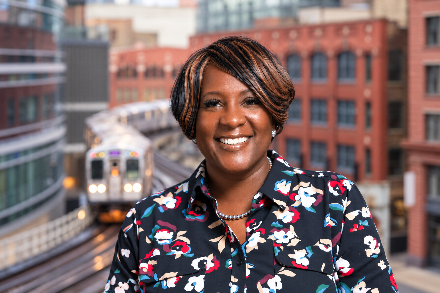 Portrait of Deborah Lane in front of the CTA 'L' Train
