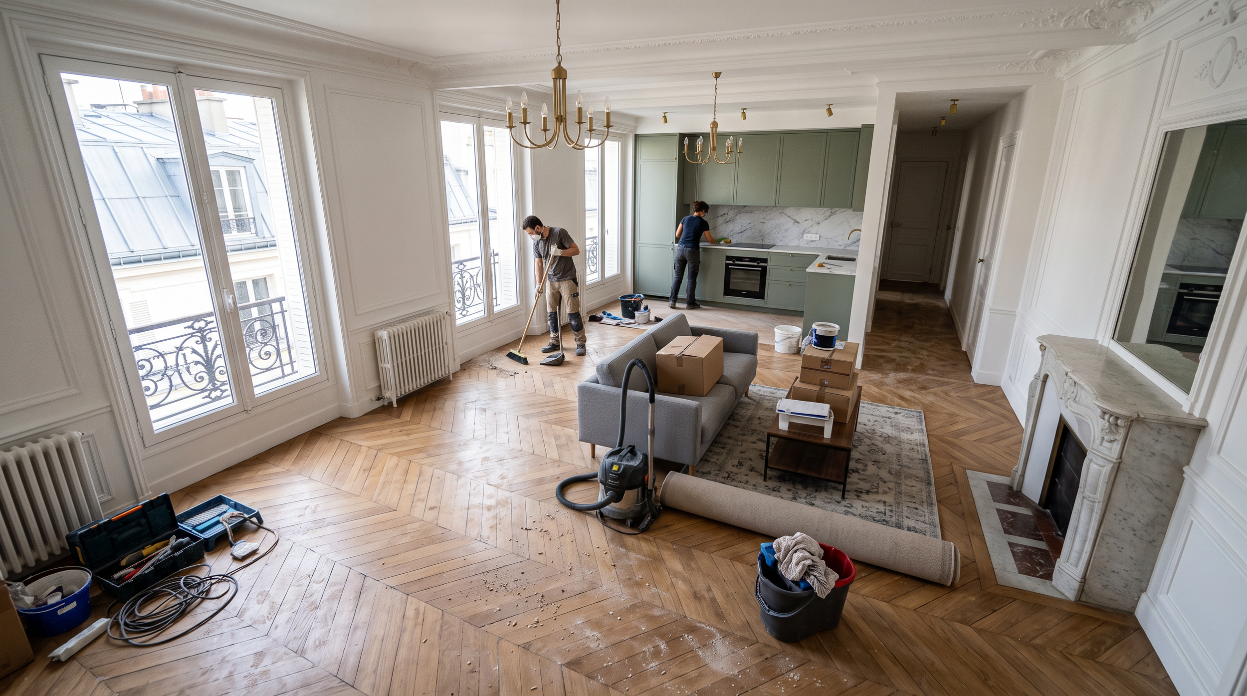 Deux personnes nettoient un salon spacieux avec de grandes fenêtres. La pièce possède un parquet en bois clair, un canapé gris et une cheminée en marbre. L'espace est en cours de rénovation, avec des outils et des cartons présents.