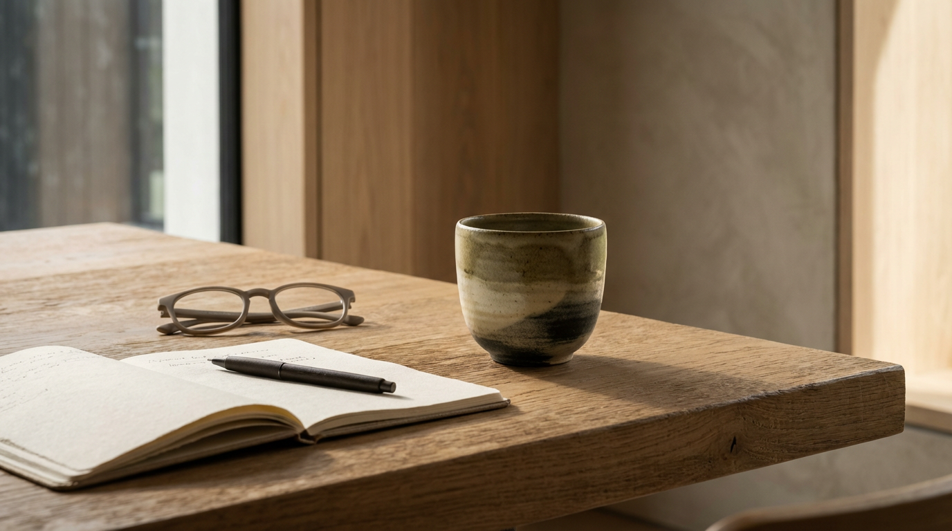 Wooden desk with an open notebook, pen, glasses, and ceramic cup in a bright office.