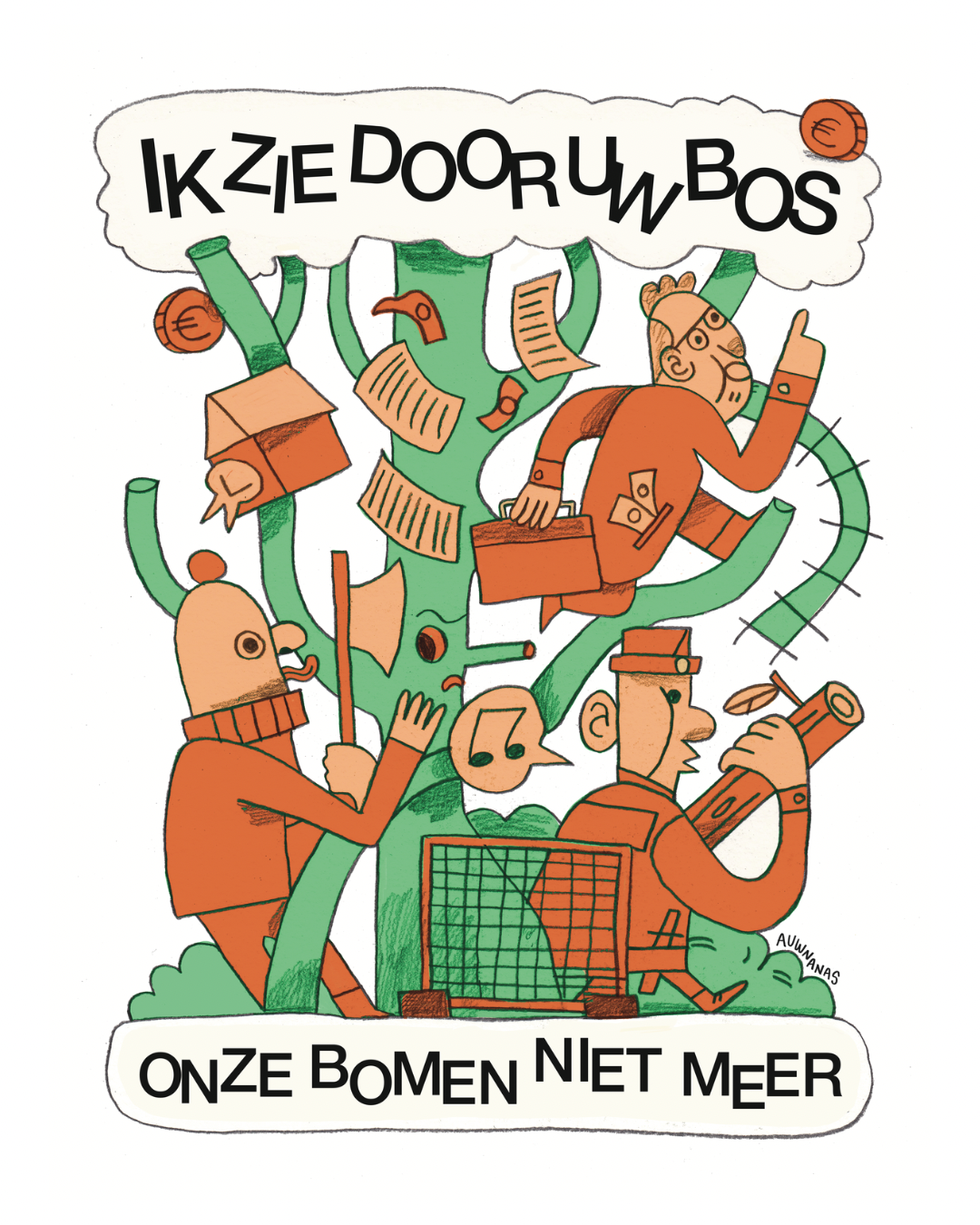 Illustration of a green tree with people around it, holding telescopes, briefcases, and papers, with a speech bubble containing stylized text, and coins and a basketball floating around.