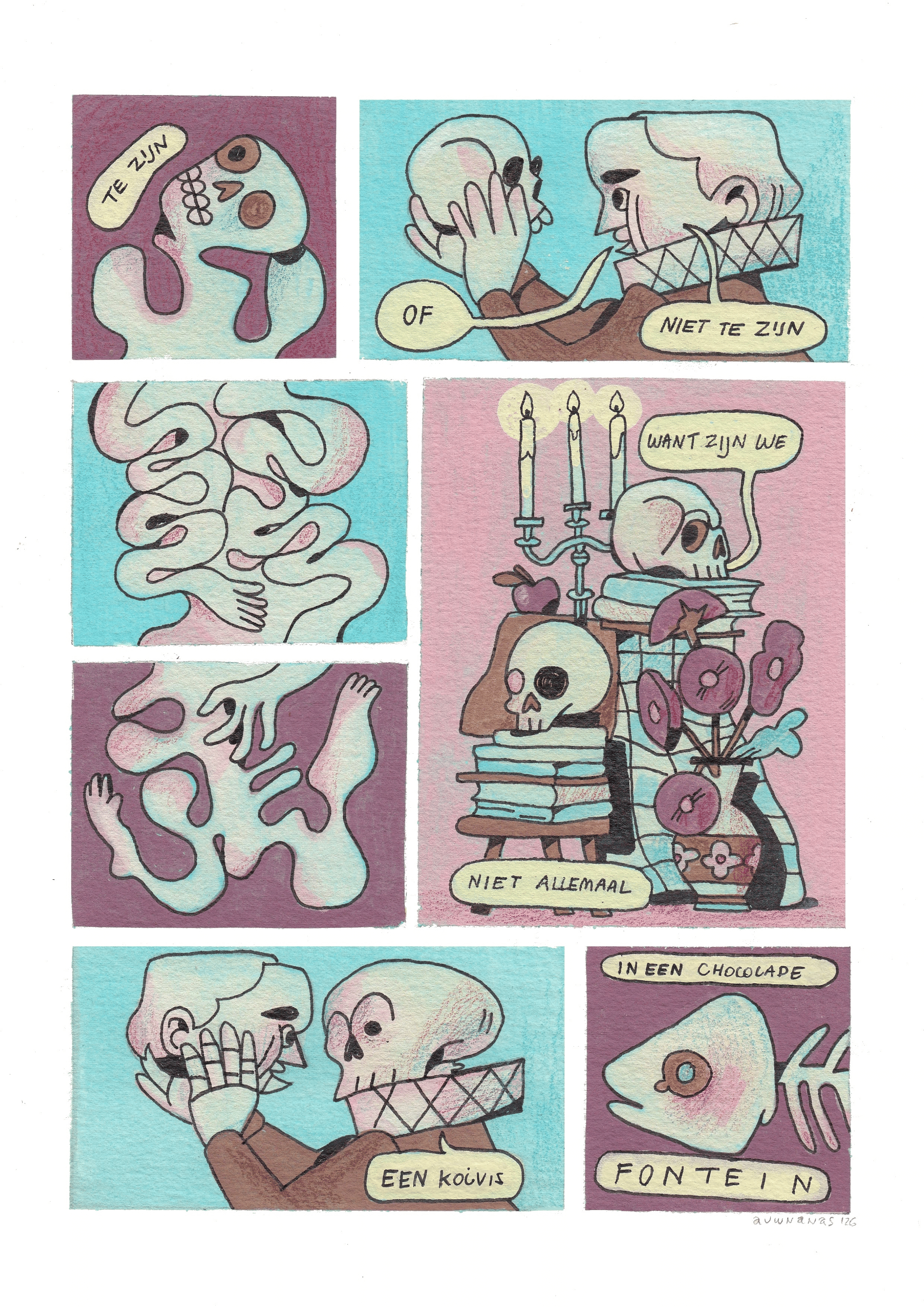 Illustration of multiple cartoon skulls and skeletons, with some holding candles, a skull on a stack of books, flowers, and other objects. Dutch text in speech bubbles and captions includes: "Niet te zijn," "Want zijn we," "Niet allemaal," "In een ch