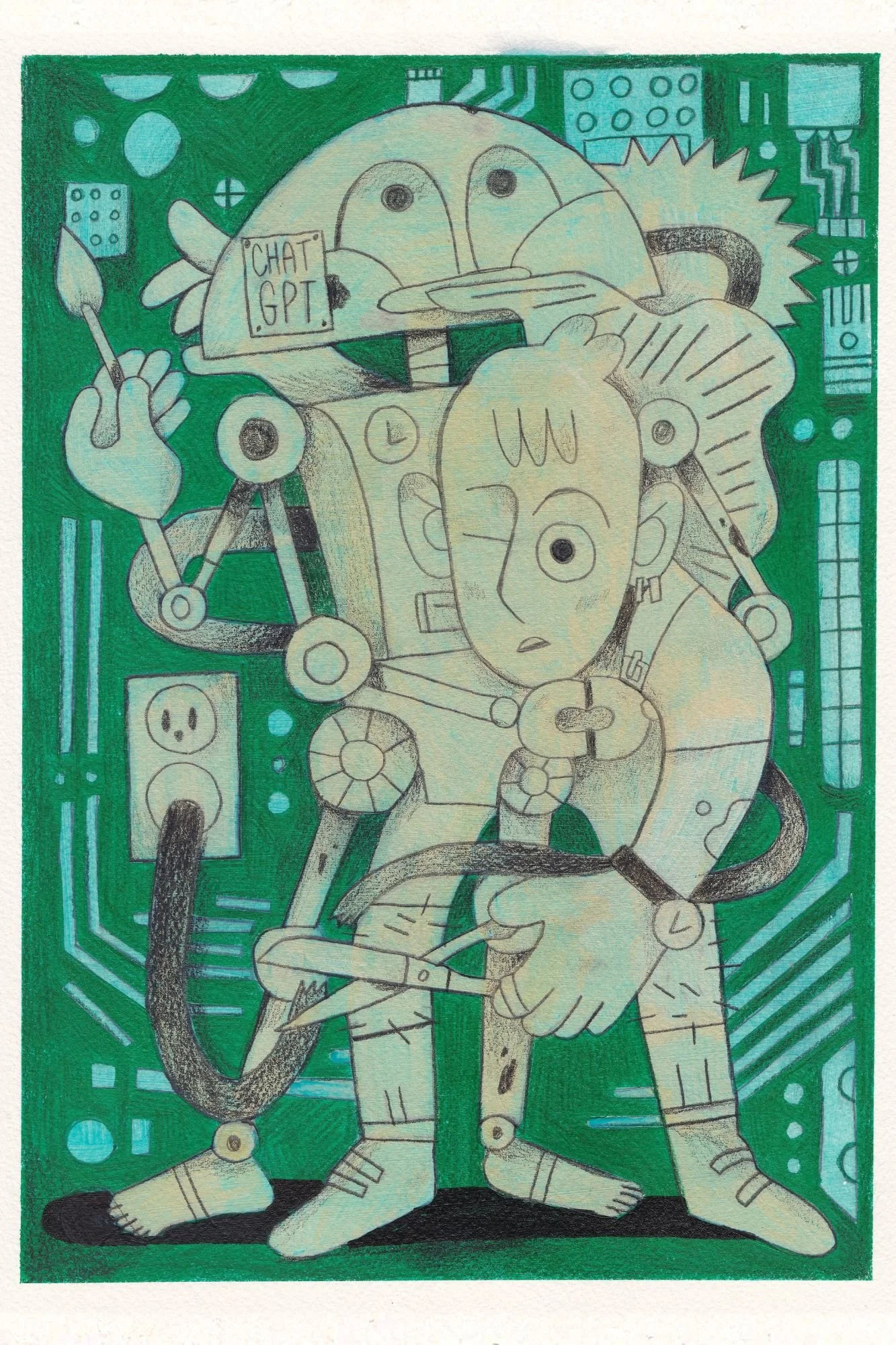 Drawing of a robot with a human face, holding a paintbrush, in front of a technological background, with a sign reading 'ChatGPT' on its head.