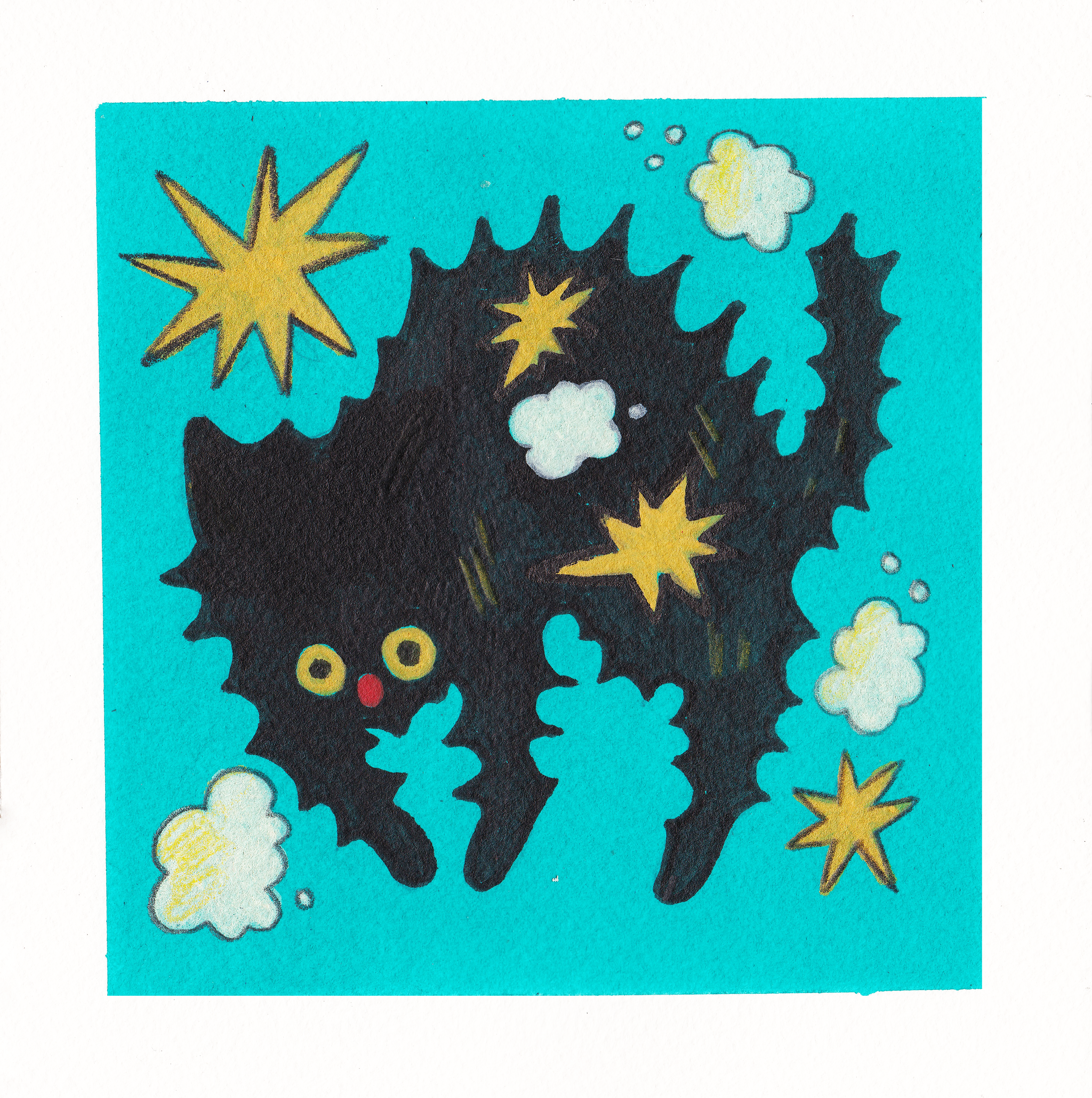 Colorful drawing of stars, clouds, and explosions on a bright blue background.