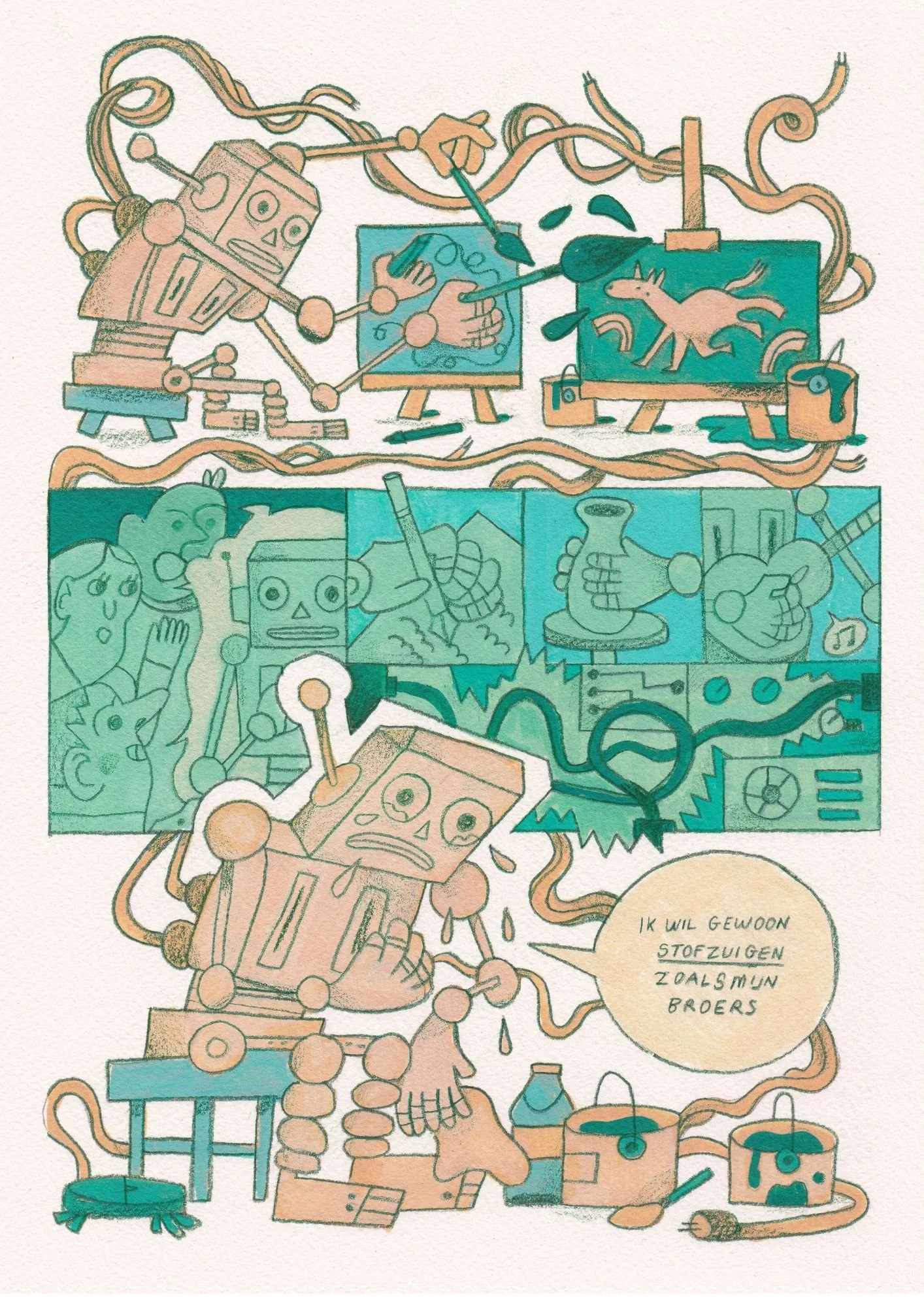 A drawing of robots working with paintings of horses, surrounded by various equipment and tools, with speech bubbles containing Dutch text.