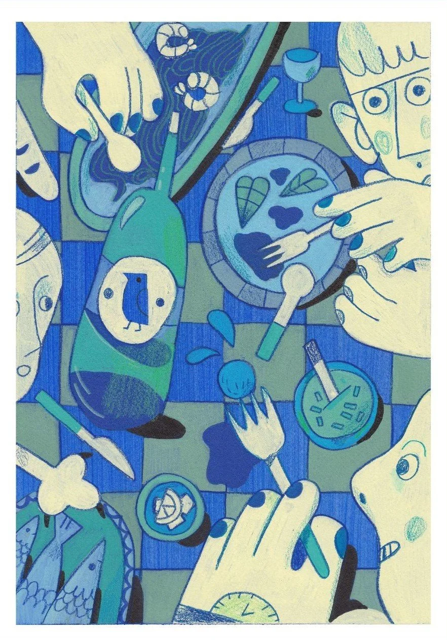A stylized, abstract illustration of people having a meal together, featuring a pizza, drinks, and various hand gestures holding utensils and cutting tools, using shades of blue and green.