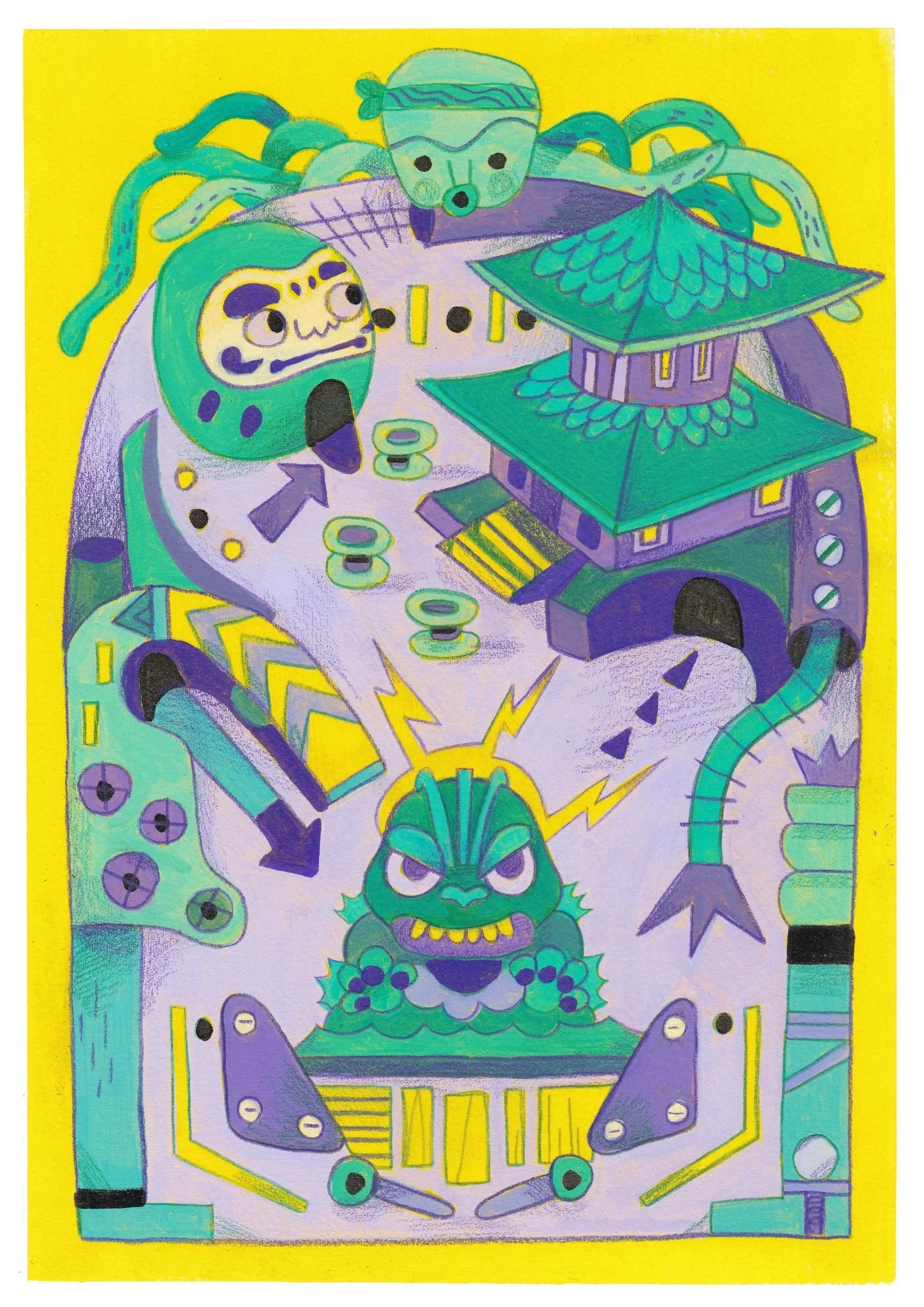 Colorful illustration of a traditional Japanese pinball game with a lion-like creature and other mythological figures on a vibrant yellow background.