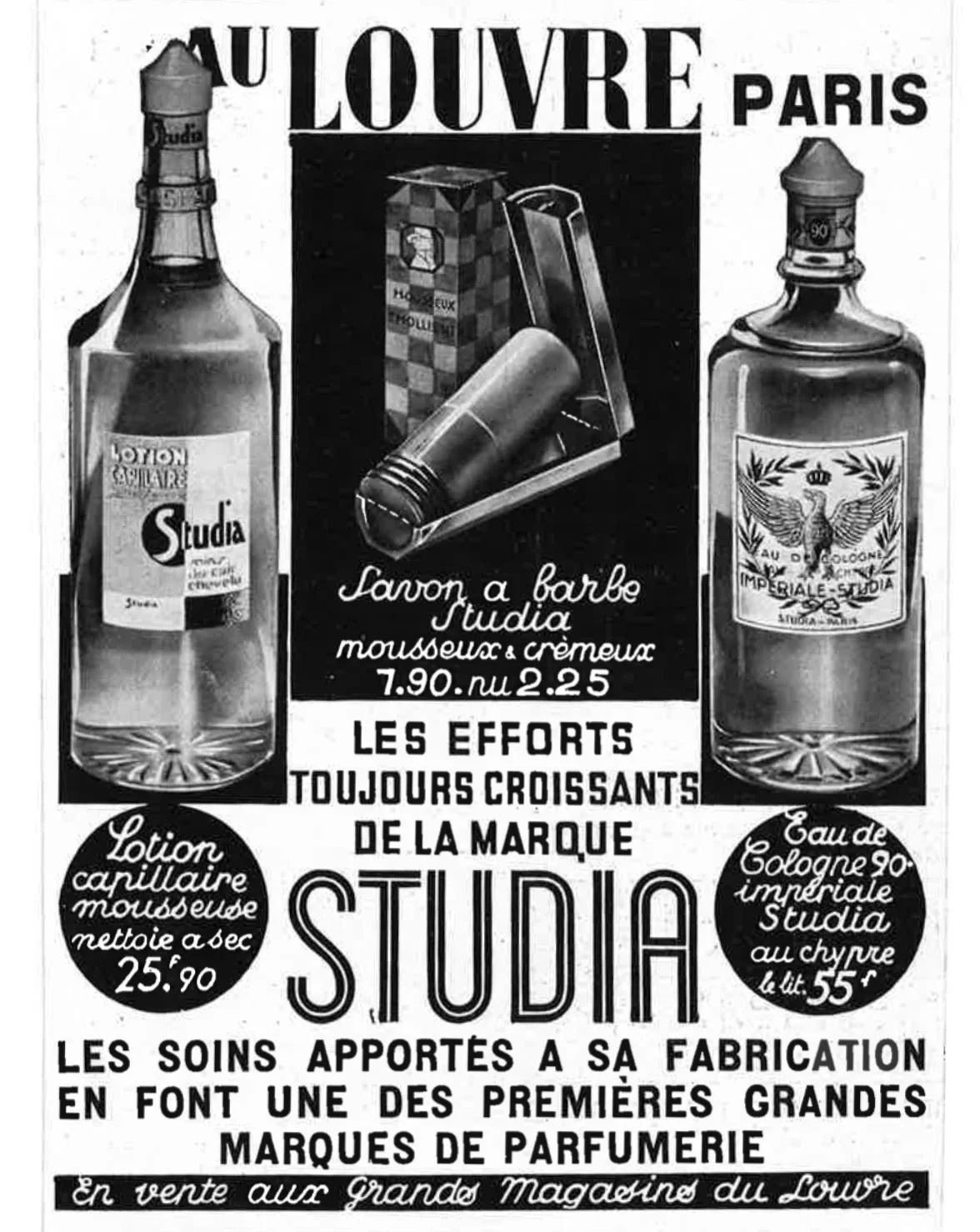 Affiche publicitaire en noir et blanc pour le savon à barbe de la marque Parfums Studia, illustrant deux flacons de lotion après-rasage et des produits liés à la fabrication de parfums, avec descriptions et prix.