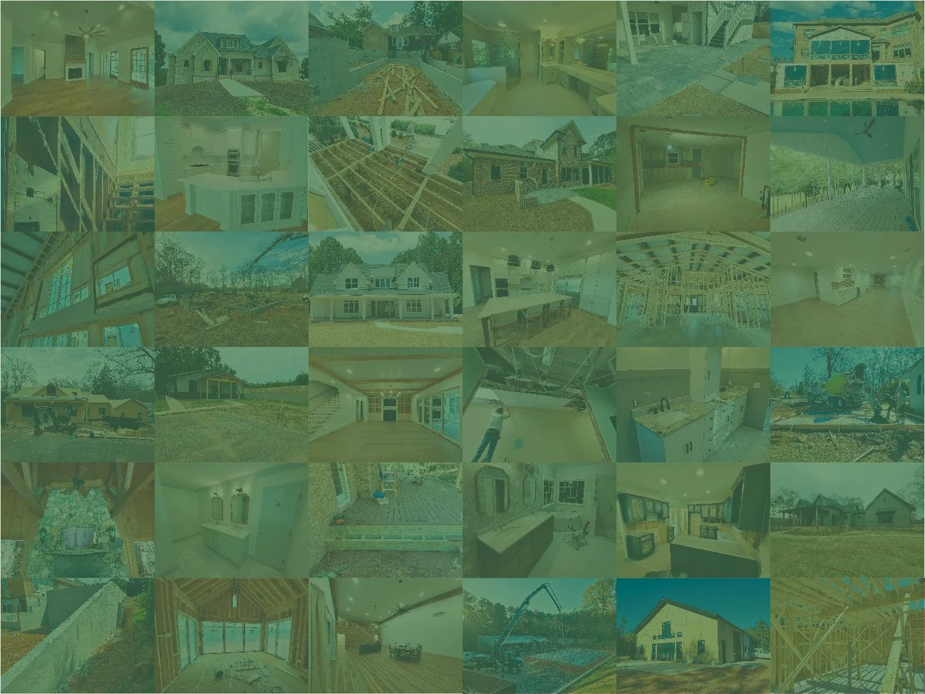 Collection of various residential construction and interior images, including house exteriors, interiors, construction sites, and building models.