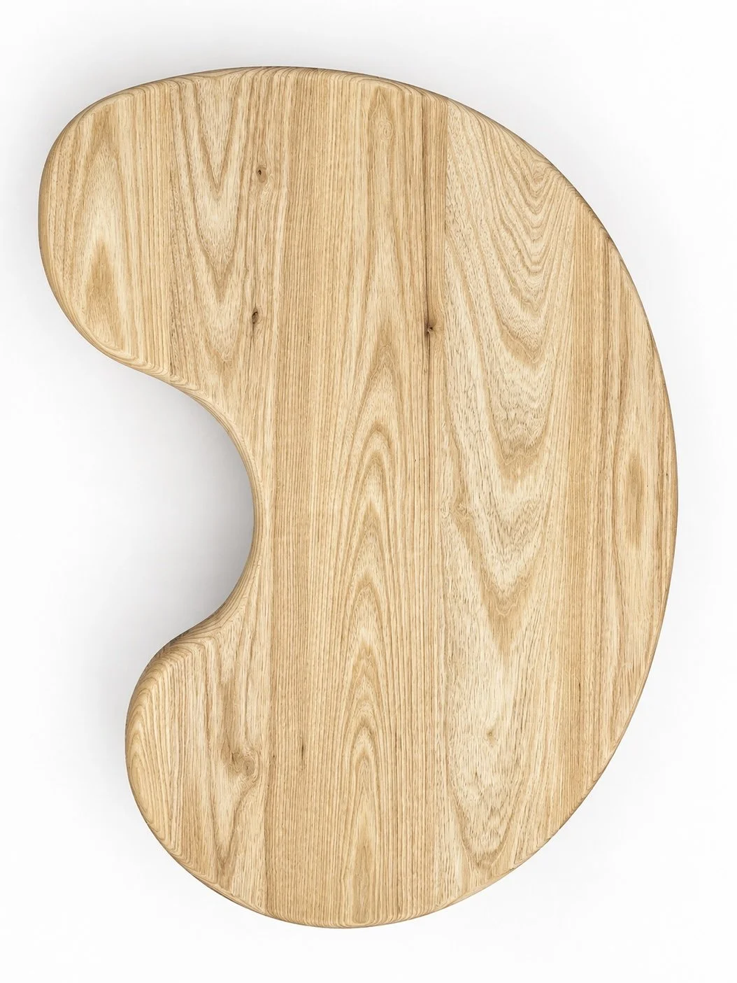 A wooden cutting board with a kidney shape and a natural wood grain finish