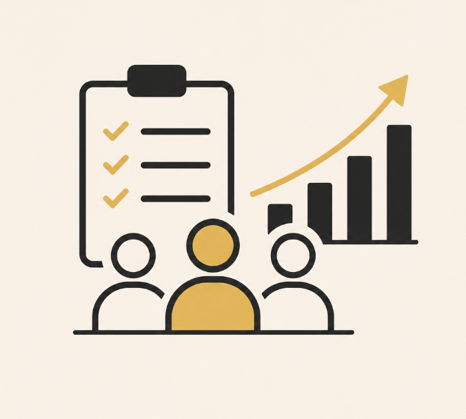 Illustration of three people in front of a checklist and a rising bar graph with an upward arrow, representing teamwork, progress, or growth.