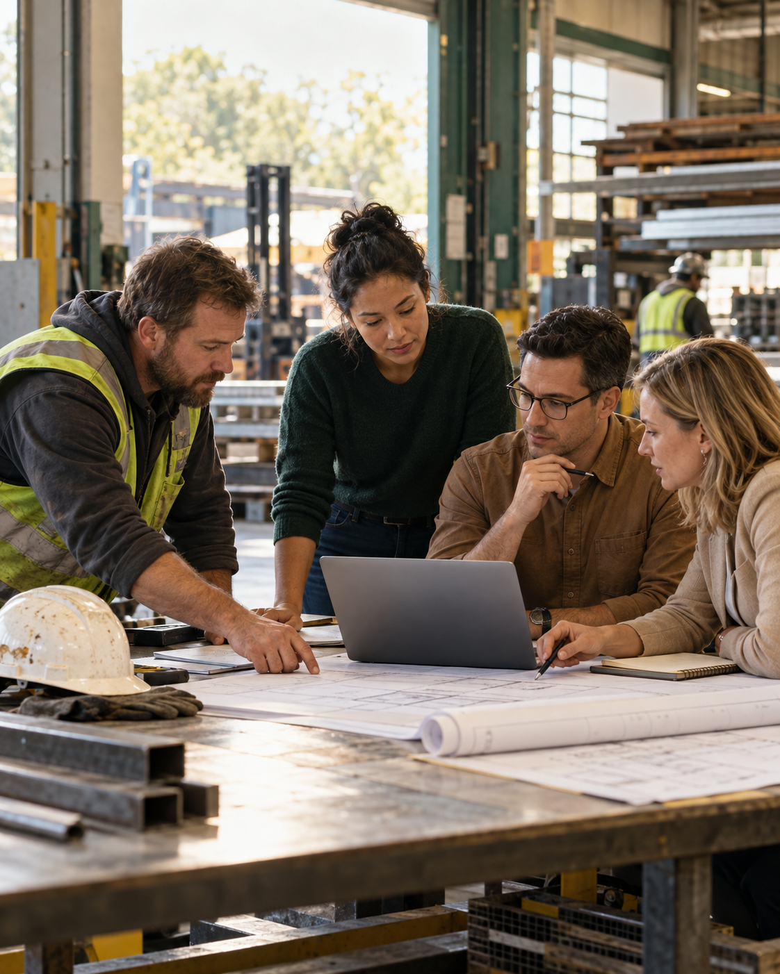 Field leader, analyst, and business professionals reviewing plans together in an industrial workspace.