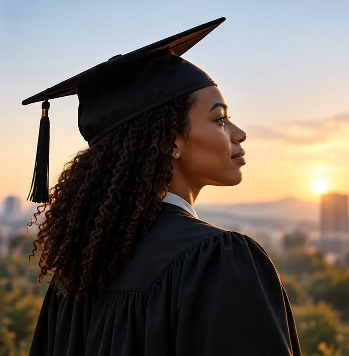 A graduate wearing a cap and gown looks toward the horizon.