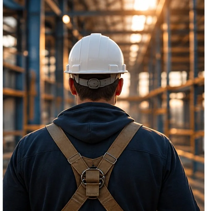 Industrial worker wearing a hard hat on a factory floor.