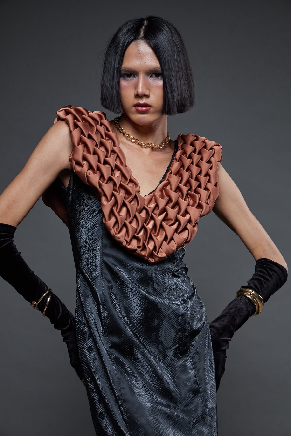 Black Jacquard Dress with Smocked Satin Collar