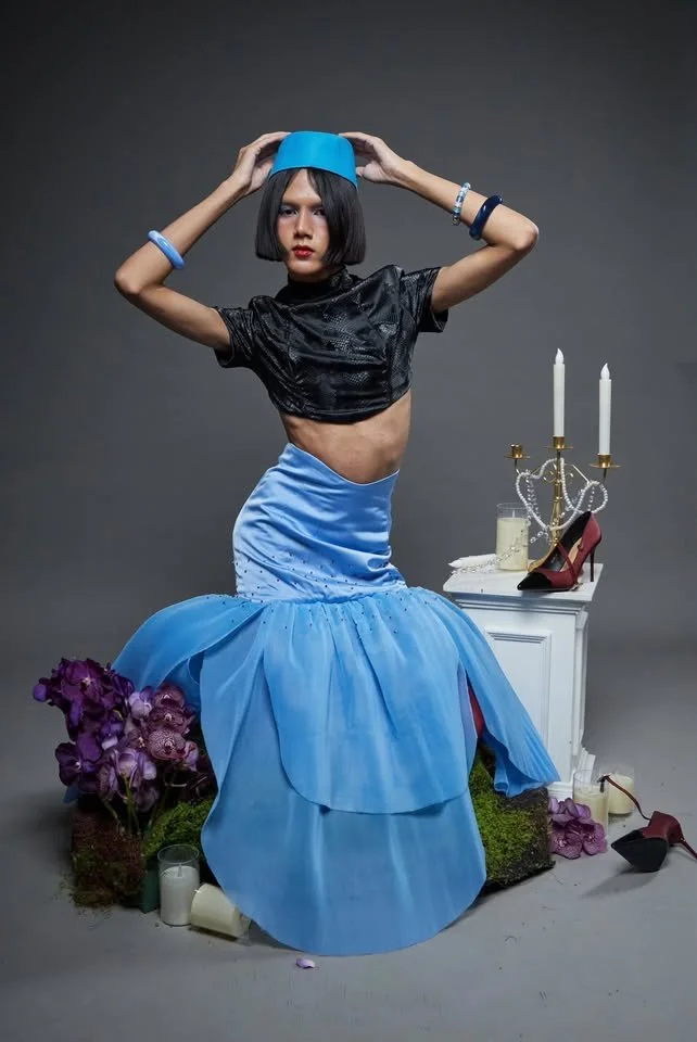 Black Cropped Top and Layered Blue Skirt