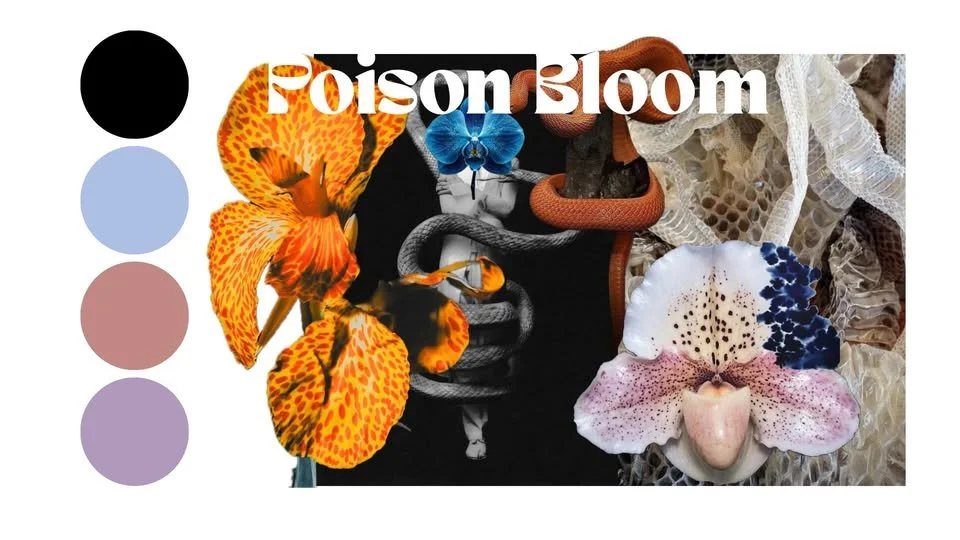 A collage titled 'Poison Bloom' featuring various orchids, snakes, and abstract textures with a color palette on the side including black, light blue, dusty pink, and lavender.