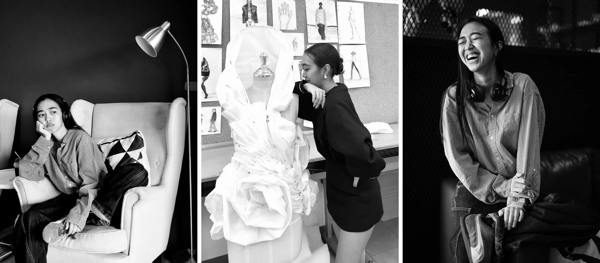 Triptych of black and white photographs of women. The first woman is sitting on a sofa with headphones, resting her chin on her hand and looking contemplative. The second woman is in an art studio, contemplating a white fabric sculpture resembling a person, with sketches of fashion designs on the wall behind her. The third woman laughing with her eyes closed, wearing headphones and a patterned shirt, seated against a dark background.