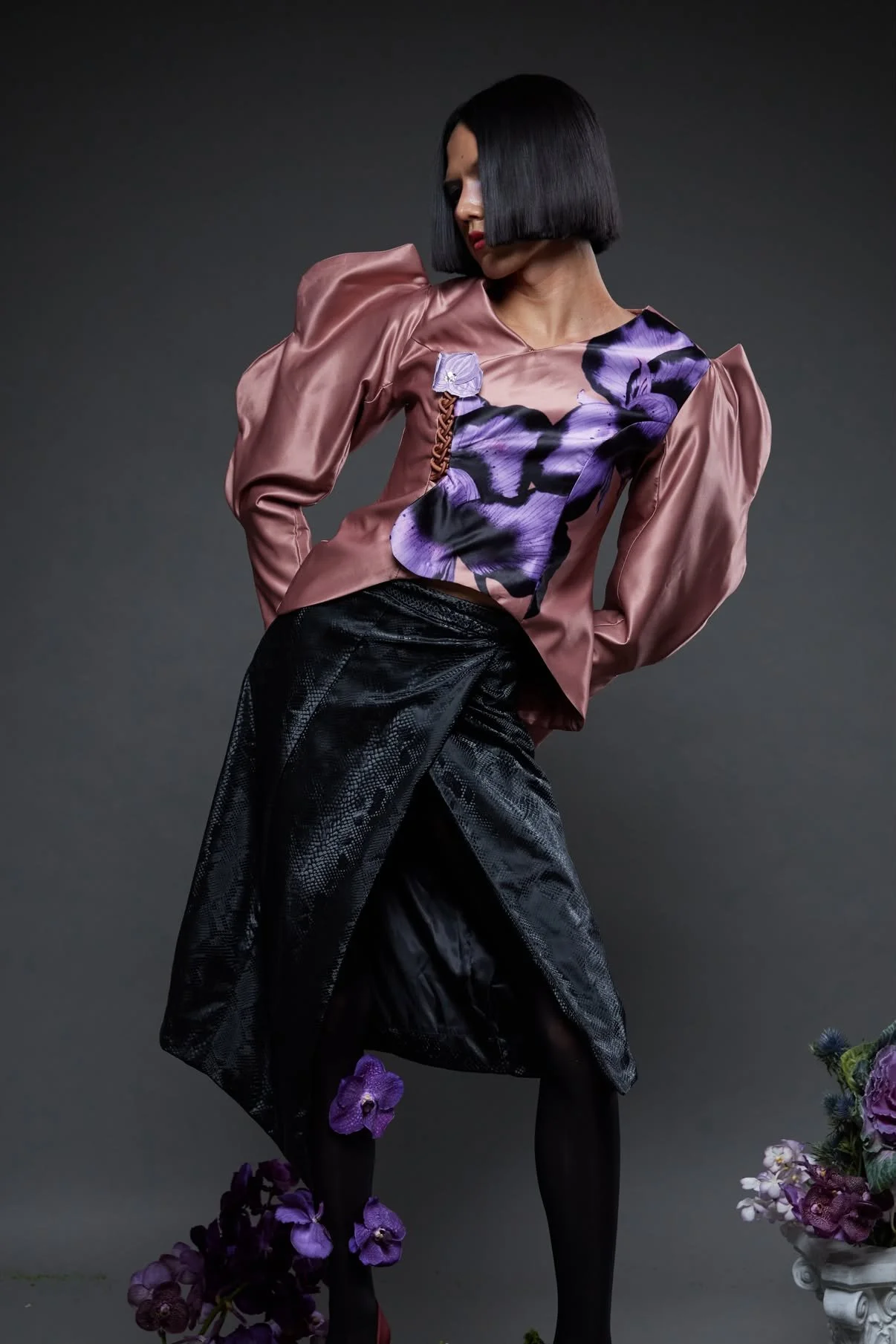 Puff-Sleeve Orchid Top and Wrap Skirt