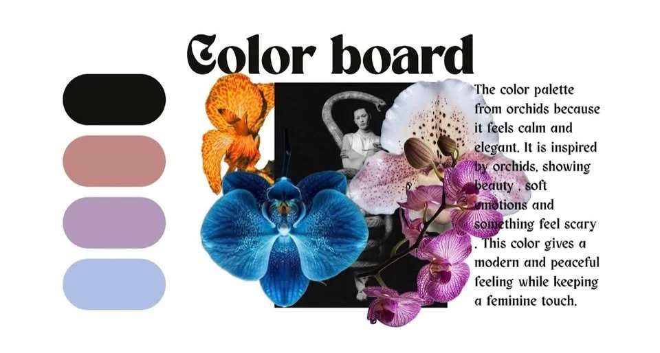 A color palette titled 'Color board' with five colors: black, pink, lavender, purple, and light blue, alongside images of orchids and a black-and-white vintage photo of a woman, accompanied by text describing the calming and elegant inspiration from orchids.