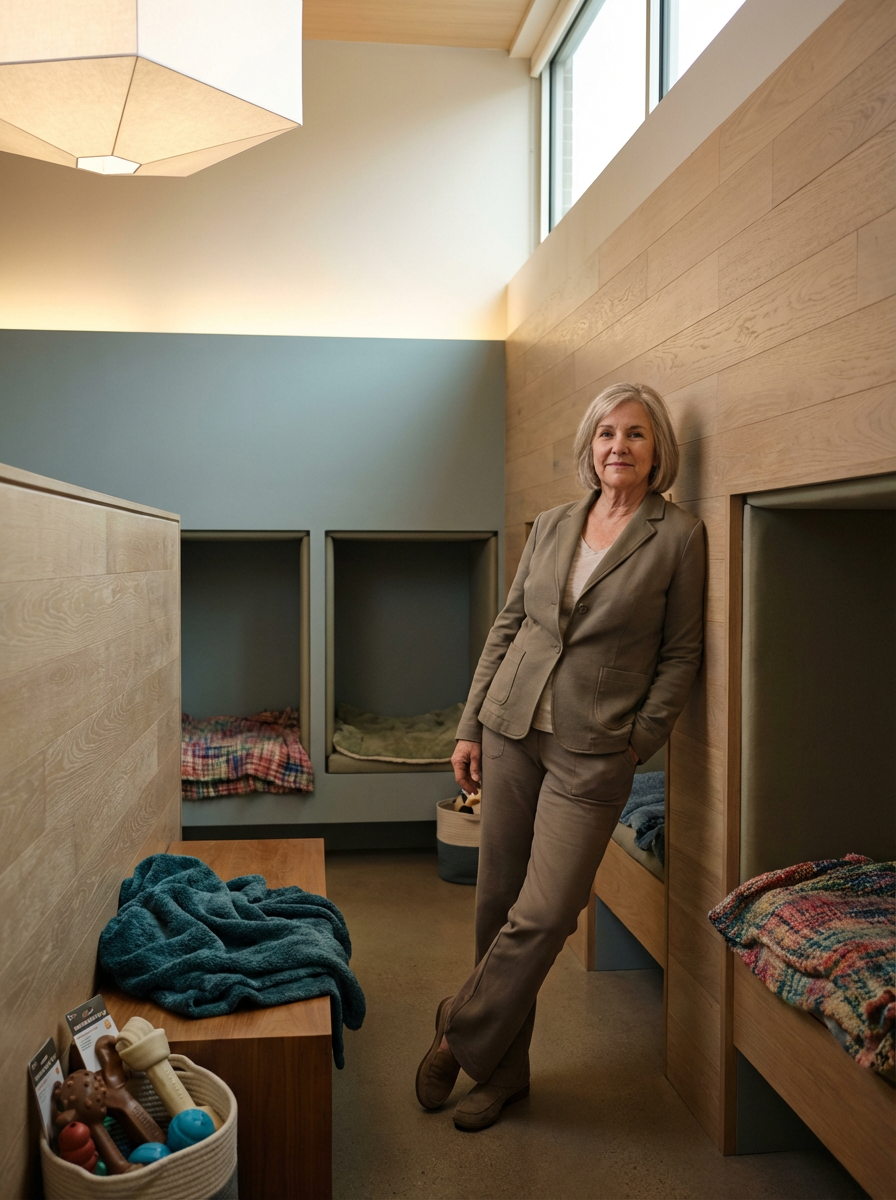 A woman standing in a cozy room with wooden and painted walls, near pet sleeping cubbies, with a basket of dog toys and a bench with a blanket on it.