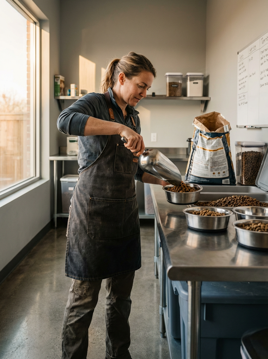 A woman in a gray apron and jeans is scooping dry pet food into bowls on a stainless steel countertop in a bright kitchen.