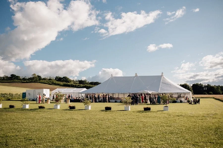 A large outdoor wedding reception under a white tent in a green field with a scenic rural background and partly cloudy sky.