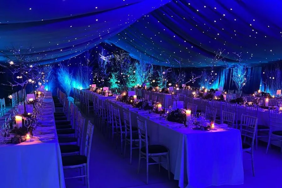 A large event space decorated with blue lighting, with long banquet tables set with candles, flowers, and tableware. The ceiling is draped with fabric and adorned with small lights, and the background features leafless trees lit with blue light, crea