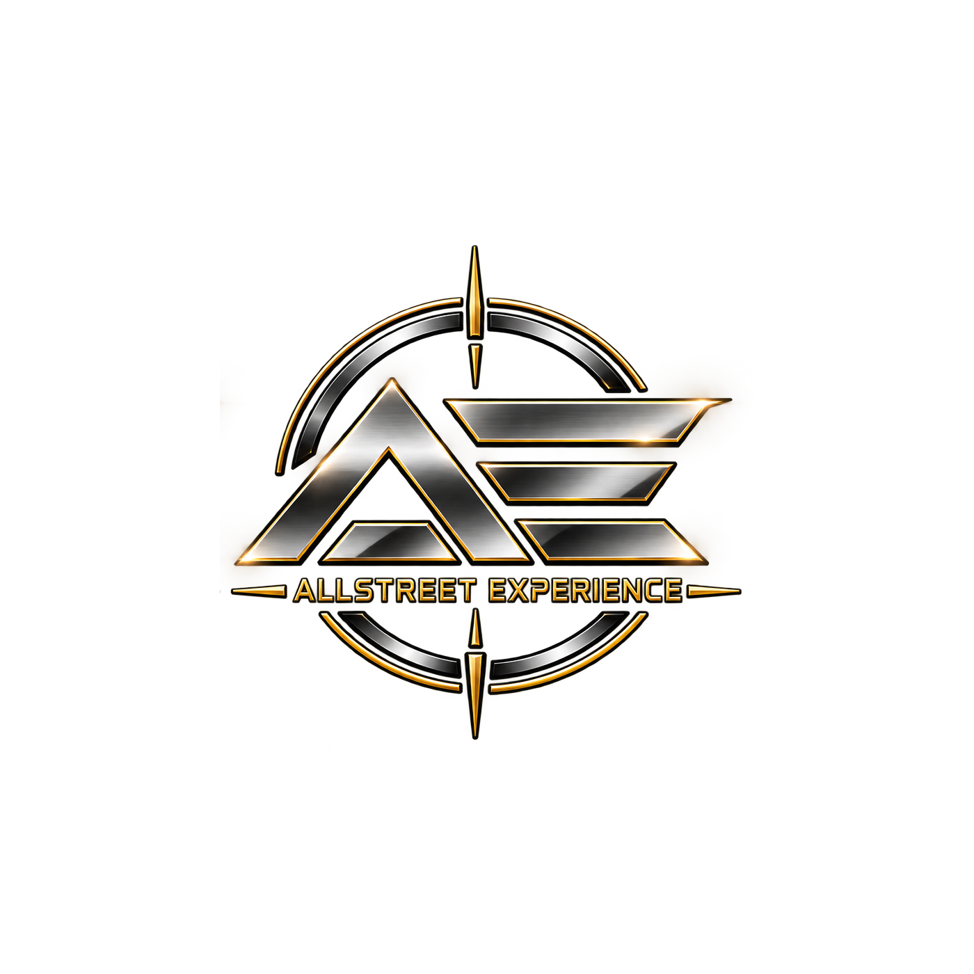 A metallic, futuristic logo with a compass design and the text 'AllStreet Experience' beneath it. The logo features stylized initials 'A' and 'E' and has gold and silver tones with glowing edges.