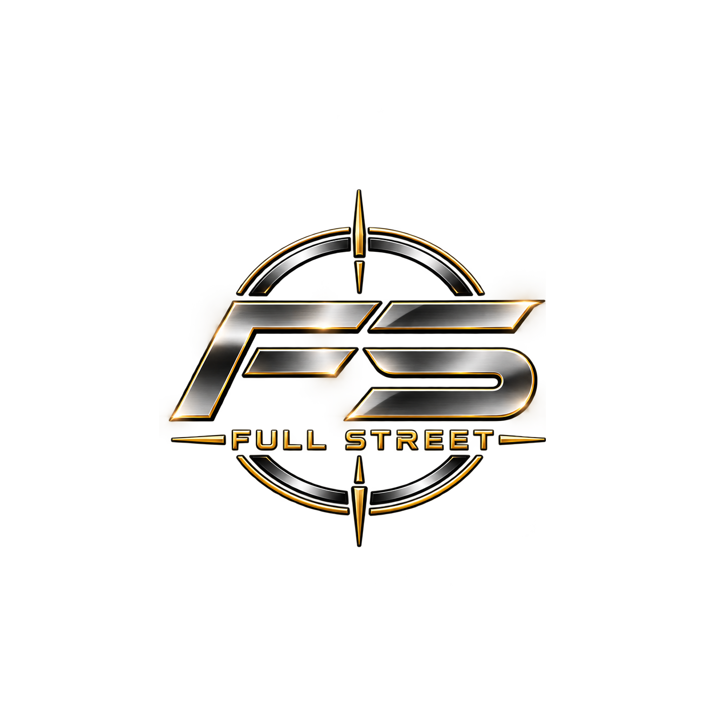 A logo for 'Full Street' featuring a metallic 'F5' inside a circular target symbol, with a gold and silver color scheme, and the words 'Full Street' in gold below.