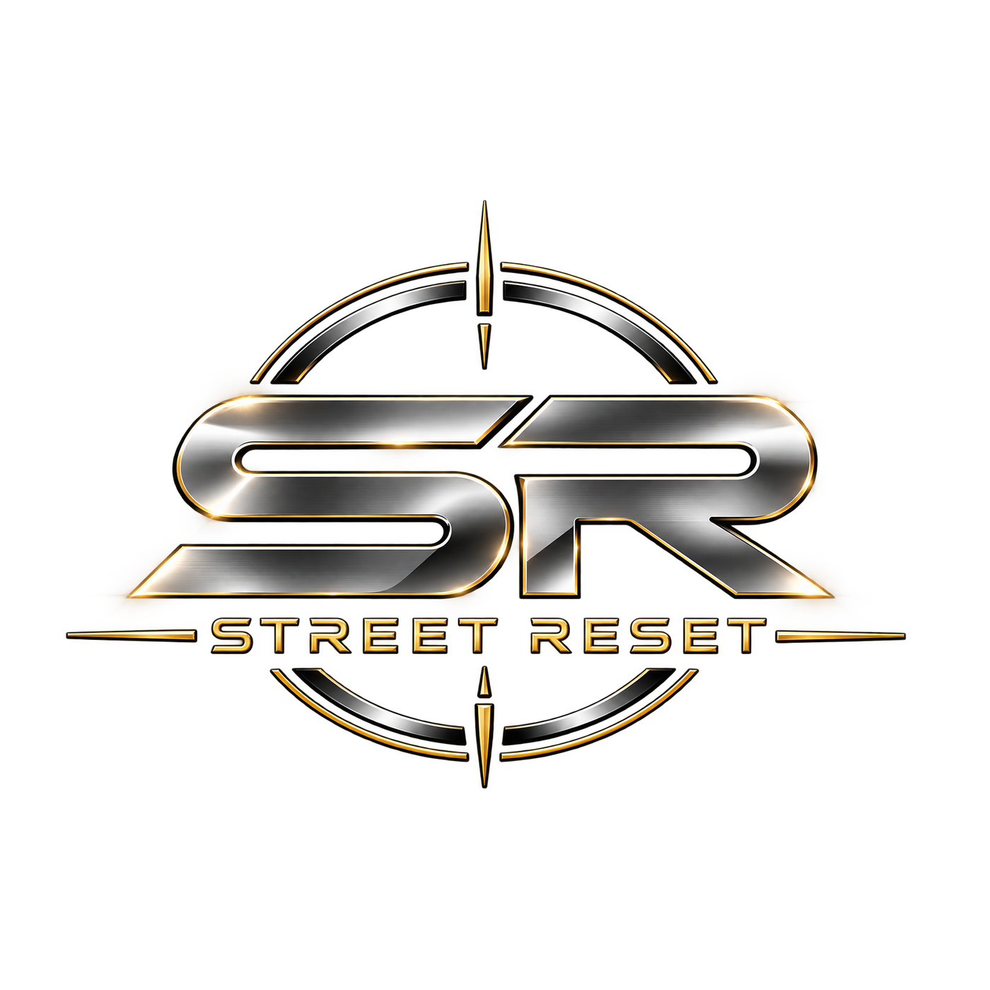A metallic logo for Street Reset 2K with a stylized 'SR' in the center, surrounded by a compass design, with the text 'Street Reset' below in gold letters.