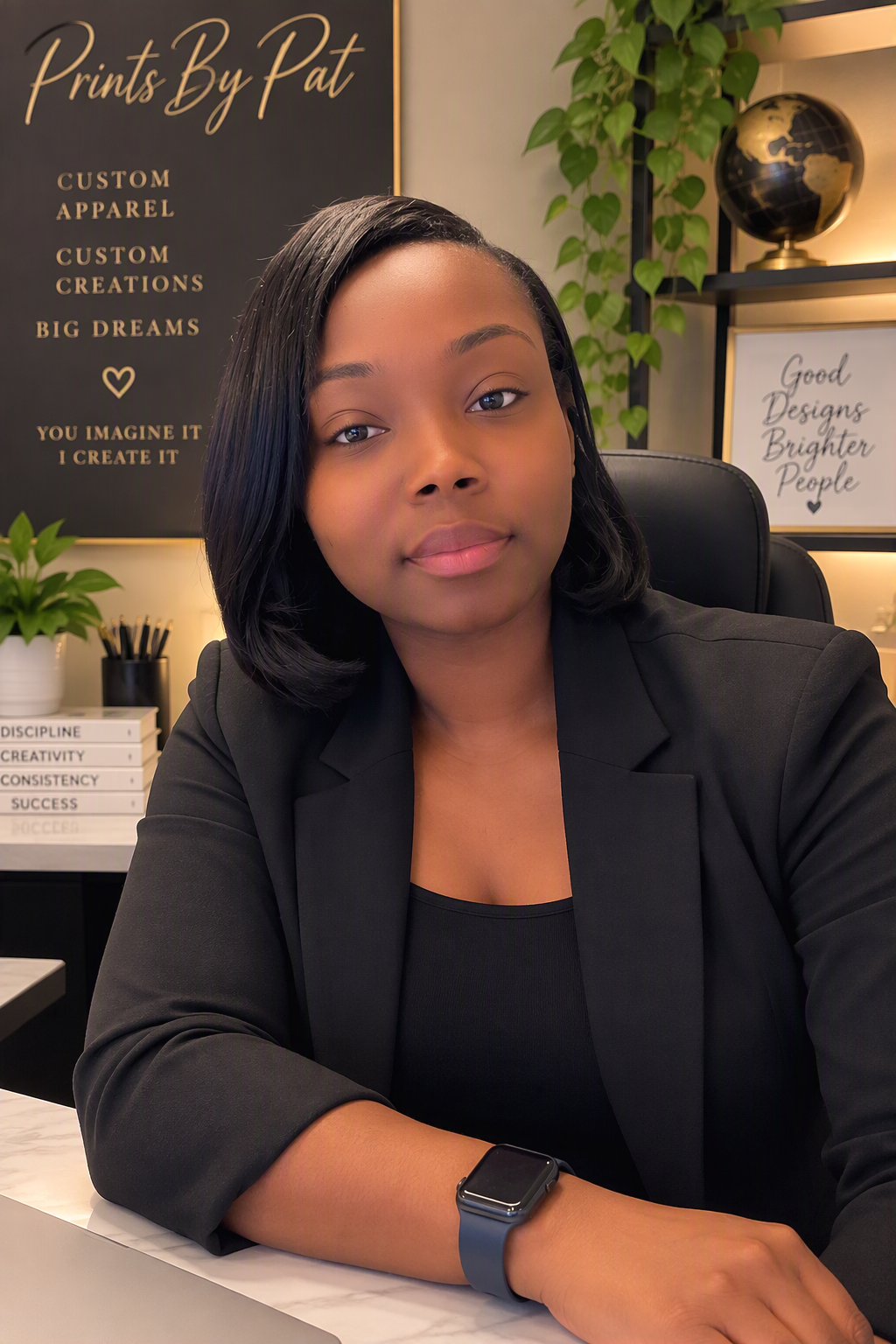 A woman with shoulder-length black hair and light makeup, sitting at a desk in an office space, wearing a black blazer and a smartwatch, with motivational signs and plants in the background.