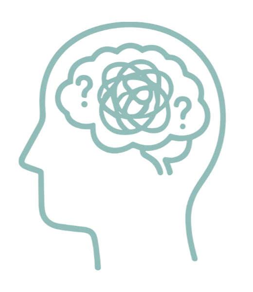 Outline of a human head with a tangled scribble inside representing a confusing or complex thought, surrounded by question marks.
