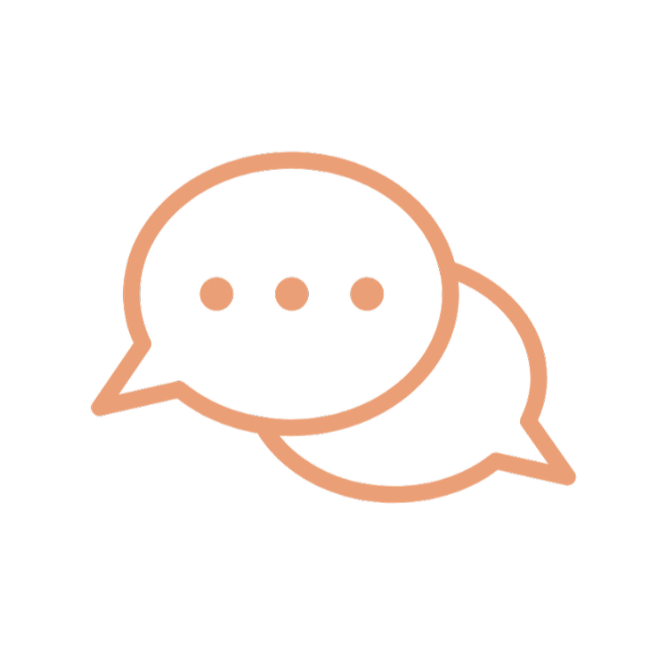 Two overlapping chat bubbles, one with three dots, in a minimalist line art style.