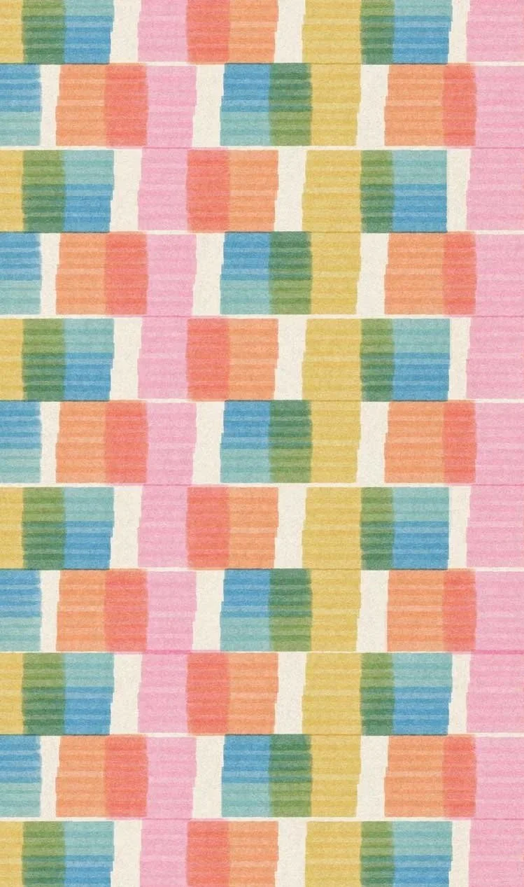 Colorful abstract pattern arranged in a grid with pastel shades of pink, orange, yellow, green, and blue.