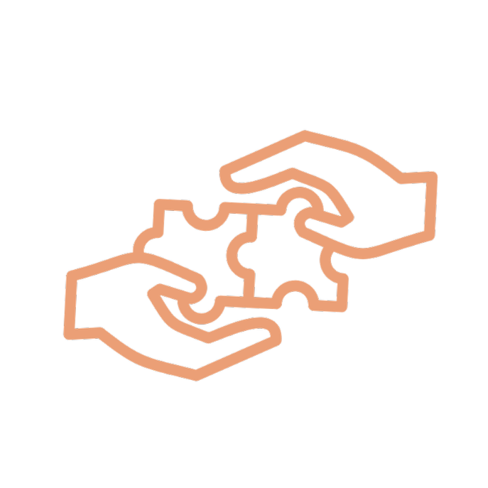 Neon outline of two hands connecting puzzle pieces, symbolizing teamwork or collaboration.
