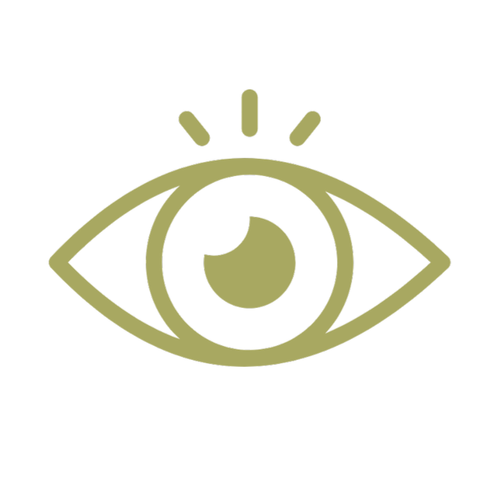 Illustration of a human eye with a crescent moon shape in the iris and three lines above it, in a gold color.